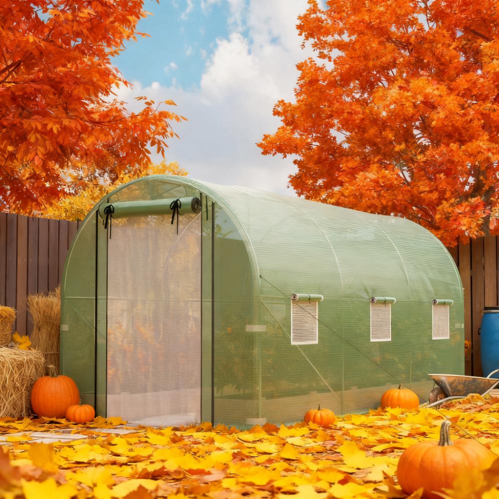 Walk‑In Tunnel Greenhouse with 2 Support Rods — Upgraded Galvanized Steel Frame Mesh Door & Windows Green