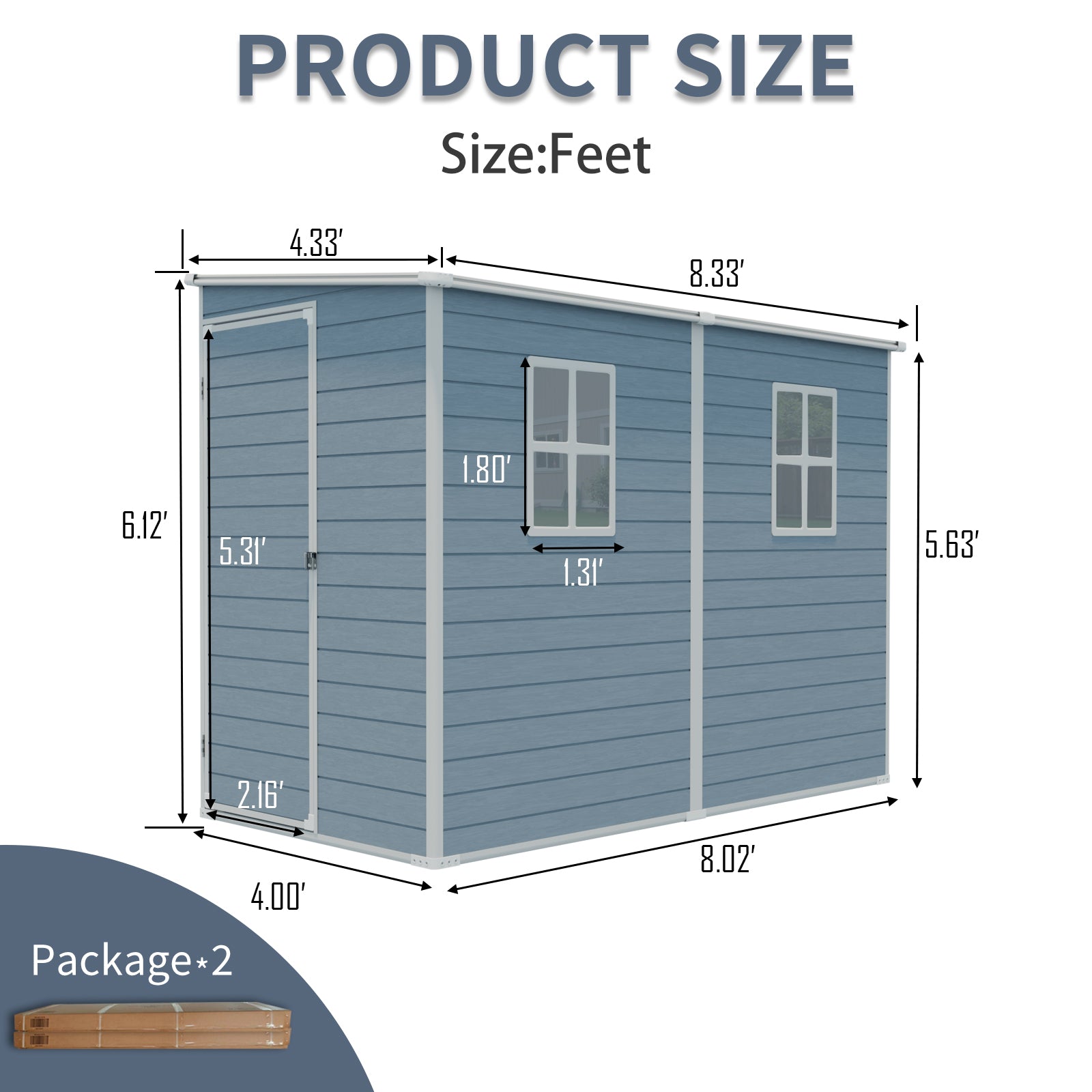 4x8ft Outdoor Storage Shed with Floor Resin shed with Two-Window, Waterproof ,Lockable Doors for Patio,Yard,Lawn --Gray