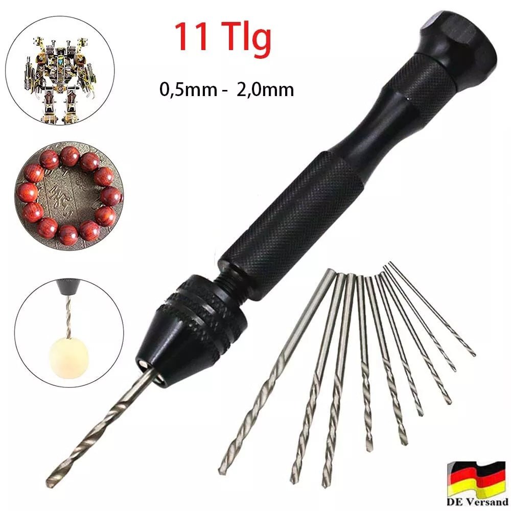 Mini hand drill with 10 twist drill bit set - wood model making PCB jewelry crafting - HomeDIYer