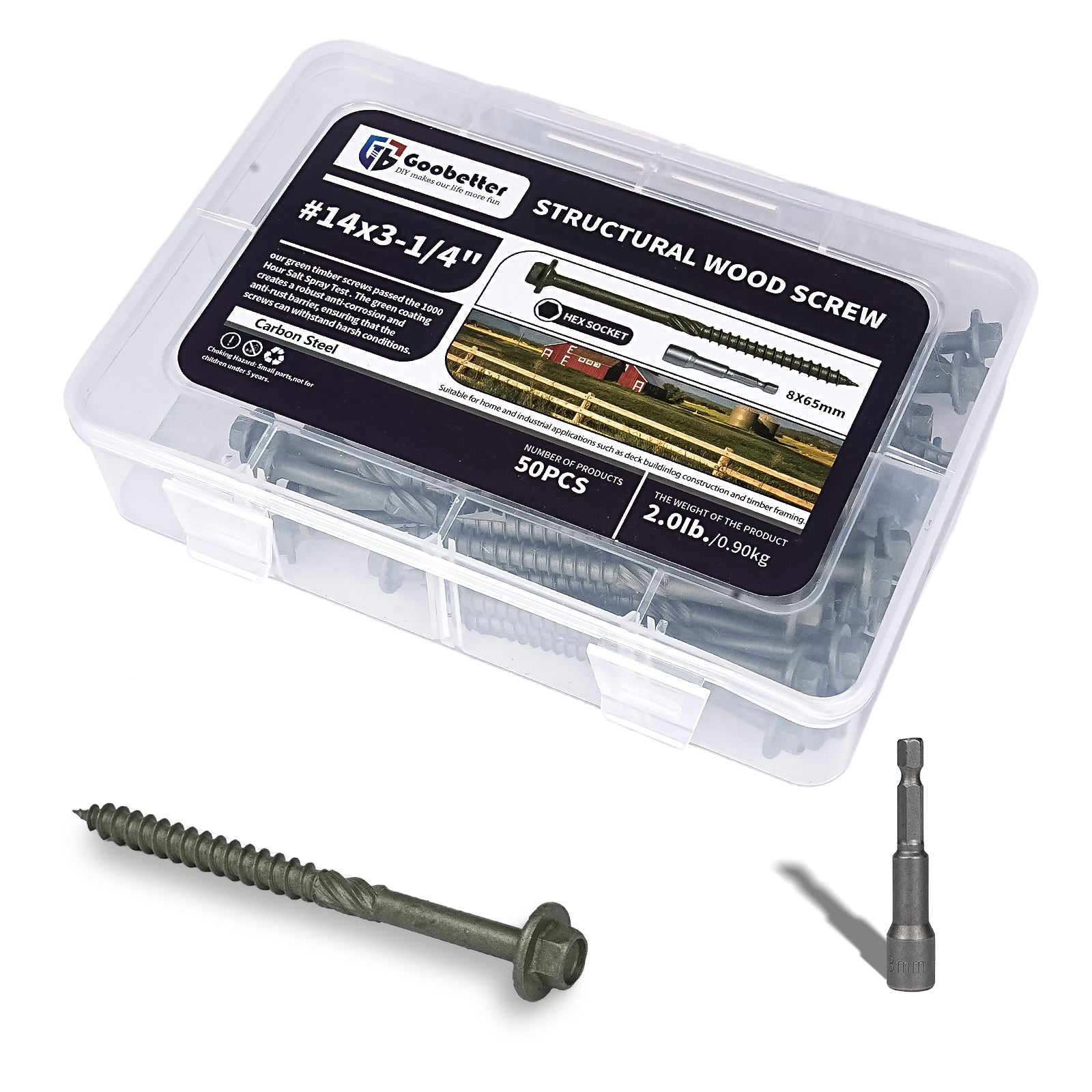 Structural Wood Screws 10 Inch,50-PCS #14 x 10" Heavy Duty Timber Screws, Rust Resistant,Washer Head, Green Coated Exterior Wood/Lag/Timber Screws Hex Socket Included