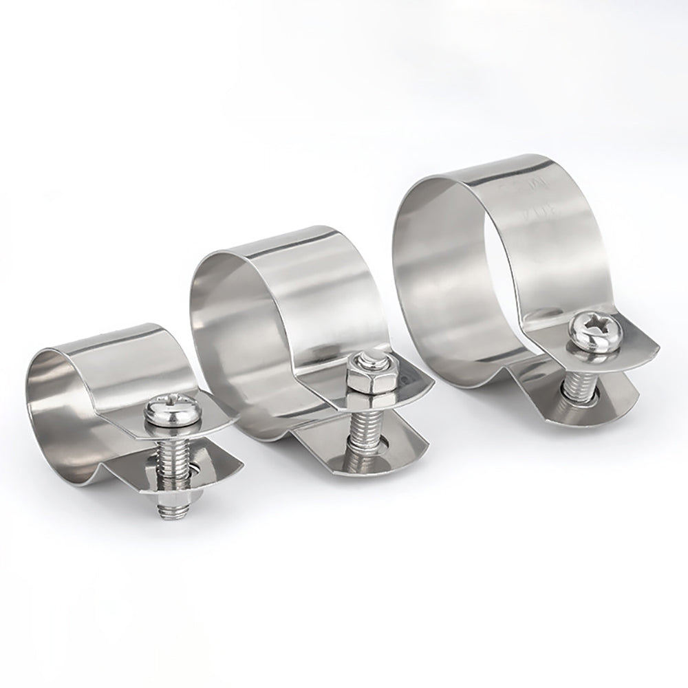 Comparison of three different sizes of 304 stainless steel U-bolt hose clamps, ideal for securing pipes from 10mm to 115mm. | HomeDIYer