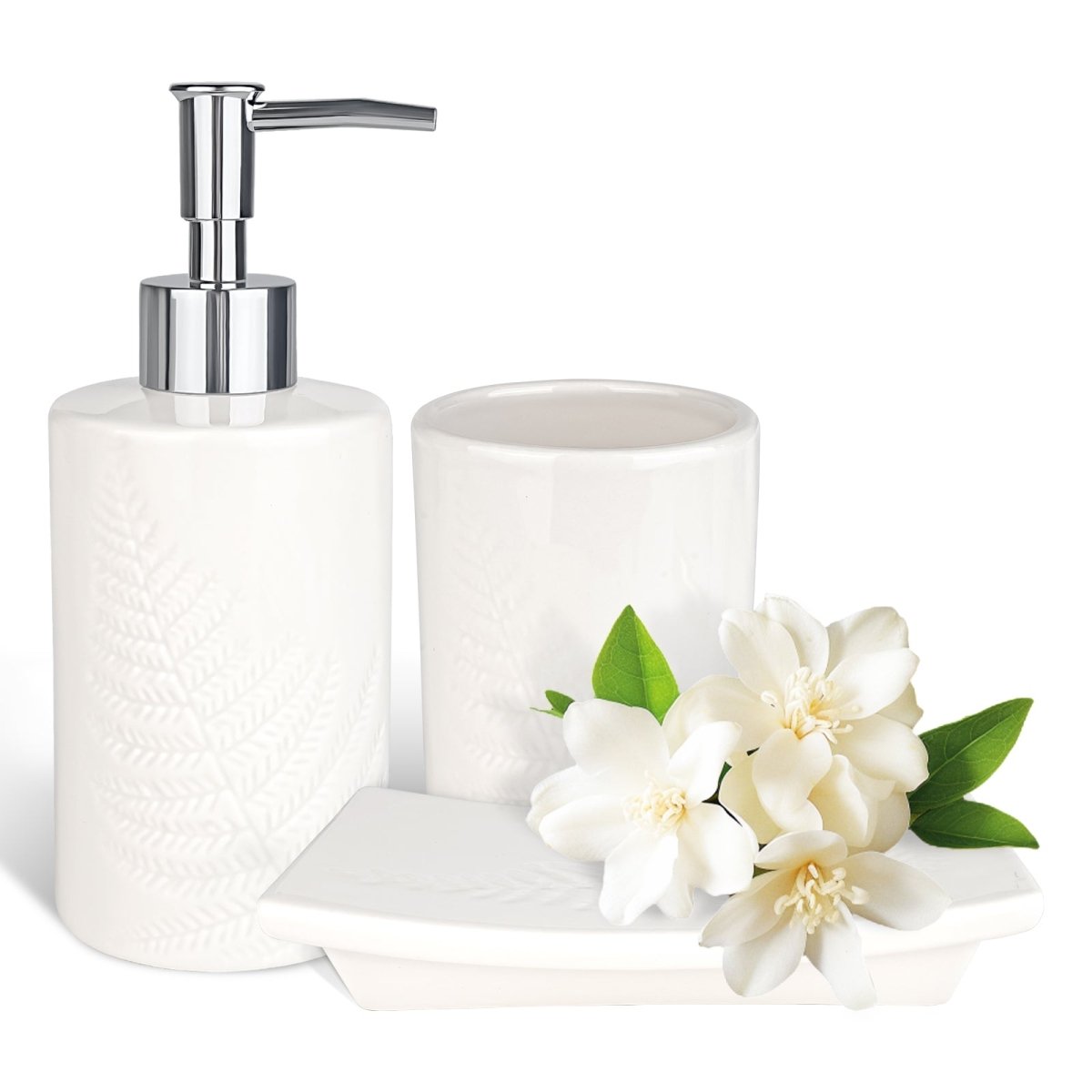 Bathroom Accessory Set, 3 Pcs Ceramic Sets with Toothbrush Holder, Soap Dispenser, Soap Dish, Modern Bathroom Sink Set Vanity Countertop Decor, White Tumbler Cup with Leaf - Look - HomeDIYer