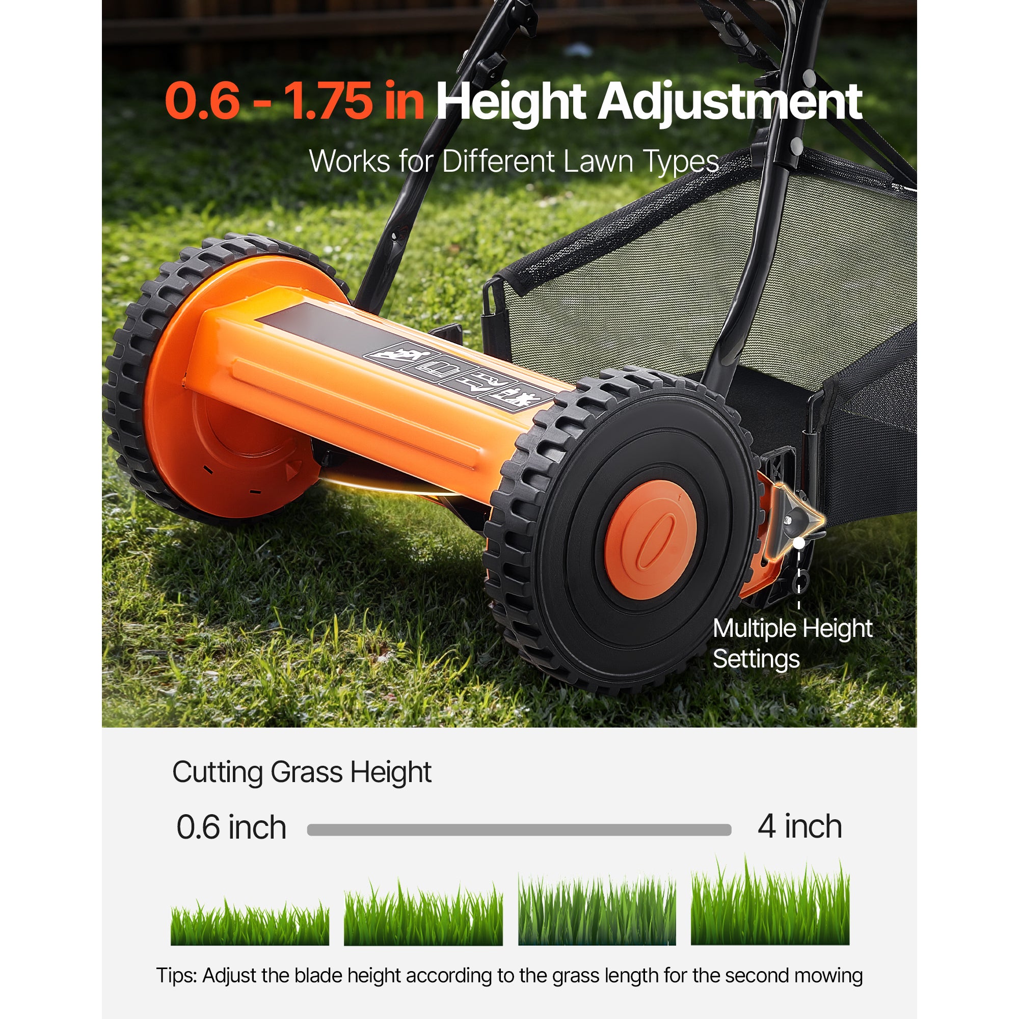 16" Manual Push Reel Lawn Mower 5-Blade Adjustable Height Grass Catcher 2 Wheels