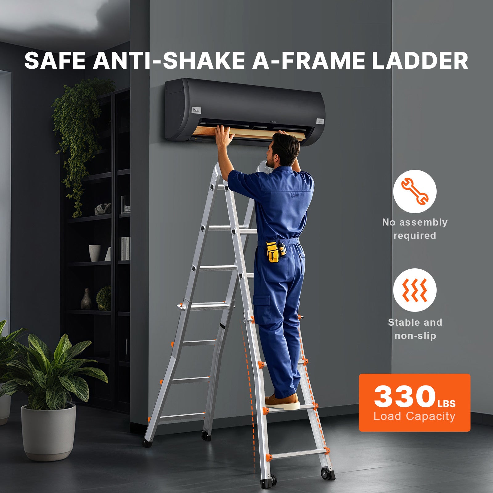 20.5FT Telescoping A‑Frame Aluminum Ladder — 330 lb Capacity, No Assembly, Dual Wheels, Silver