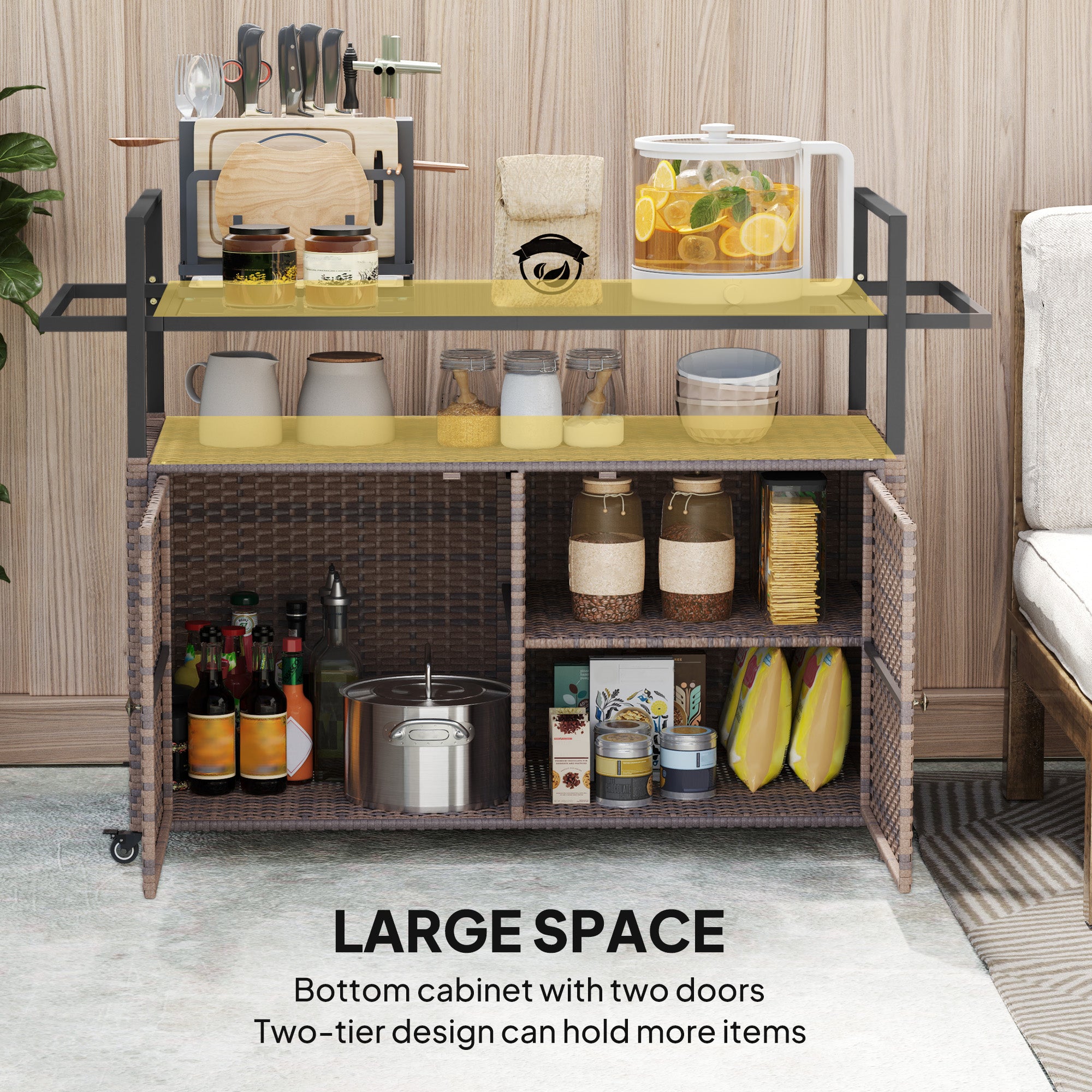 Outsunny 2-Tier Shelf PE Rattan Outdoor Bar Table, Glass Top Outdoor Serving Cart with Cabinet, Mixed Brown