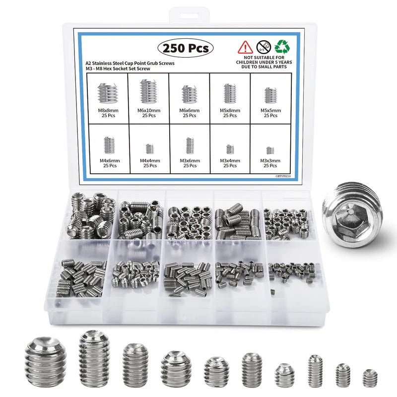 Set Screw Assortment Kit (250 Pcs) - Metric Sizes M3, M4, M5M6, M8 - 304 Stainless Steel cupped & Hex Head Cap Point GrubScrews - HomeDIYer