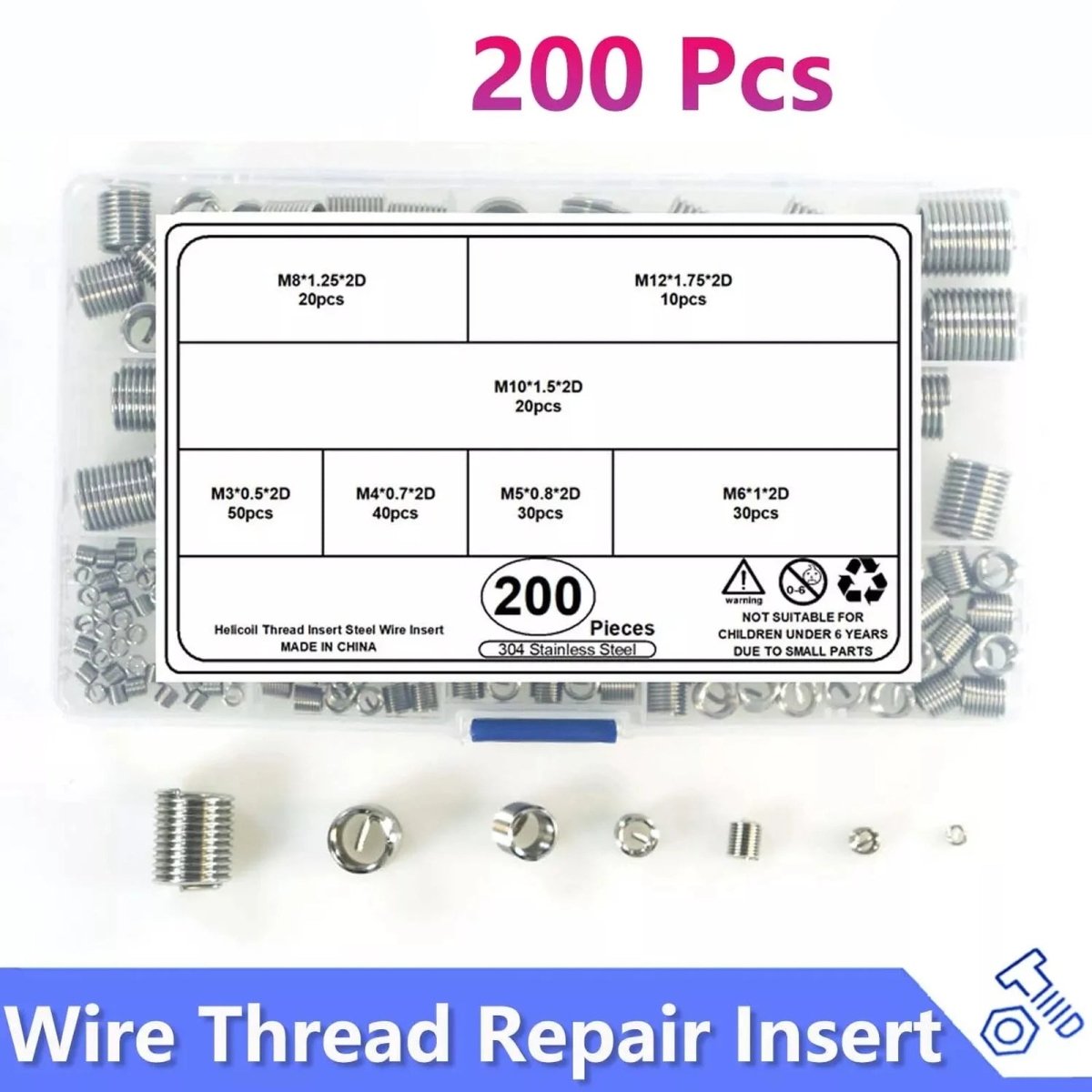 200Pcs Stainless Steel Wire Thread Repair Inserts Coarse Thread Kit DIN 8140 - HomeDIYer
