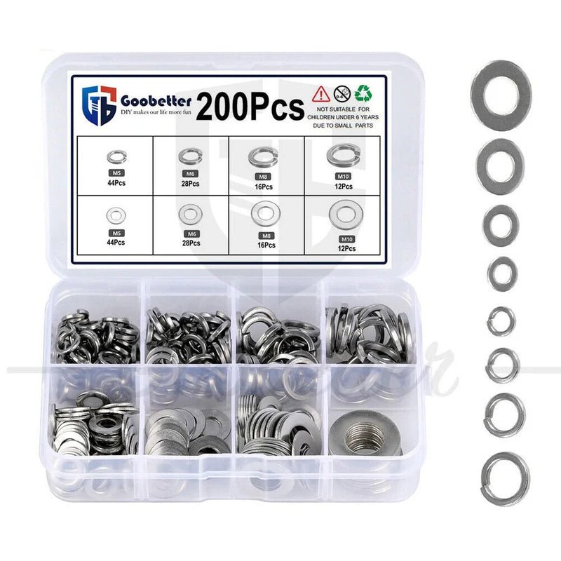 200pcs M5 - M10 Stainless Steel Flat Washer Spring Lock Washer Assortment Kit - HomeDIYer
