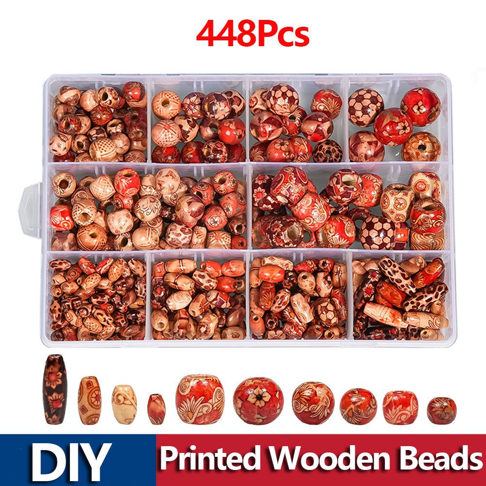 448 Pcs Printed Wooden Beads Set Various Shapes for Jewelry Making DIY Bracelet - HomeDIYer
