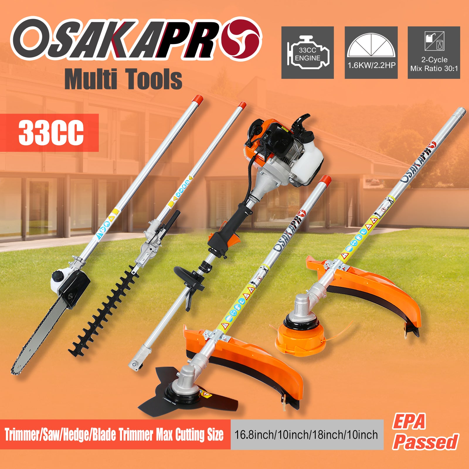 4-in-1 33CC Gas Garden Tool System with Pole Saw, Hedge Trimmer & Brush Cutter