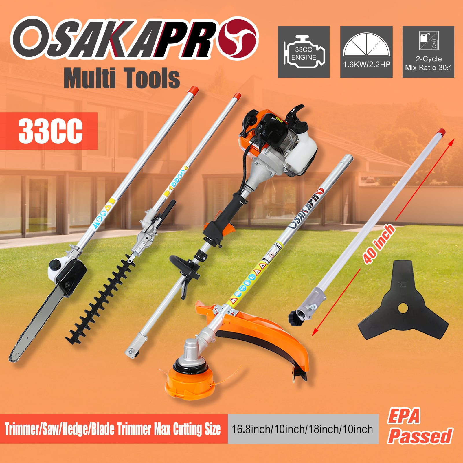 10-in-1 33CC Gas Garden Tool System with Pole Saw, Hedge Trimmer & Brush Cutter