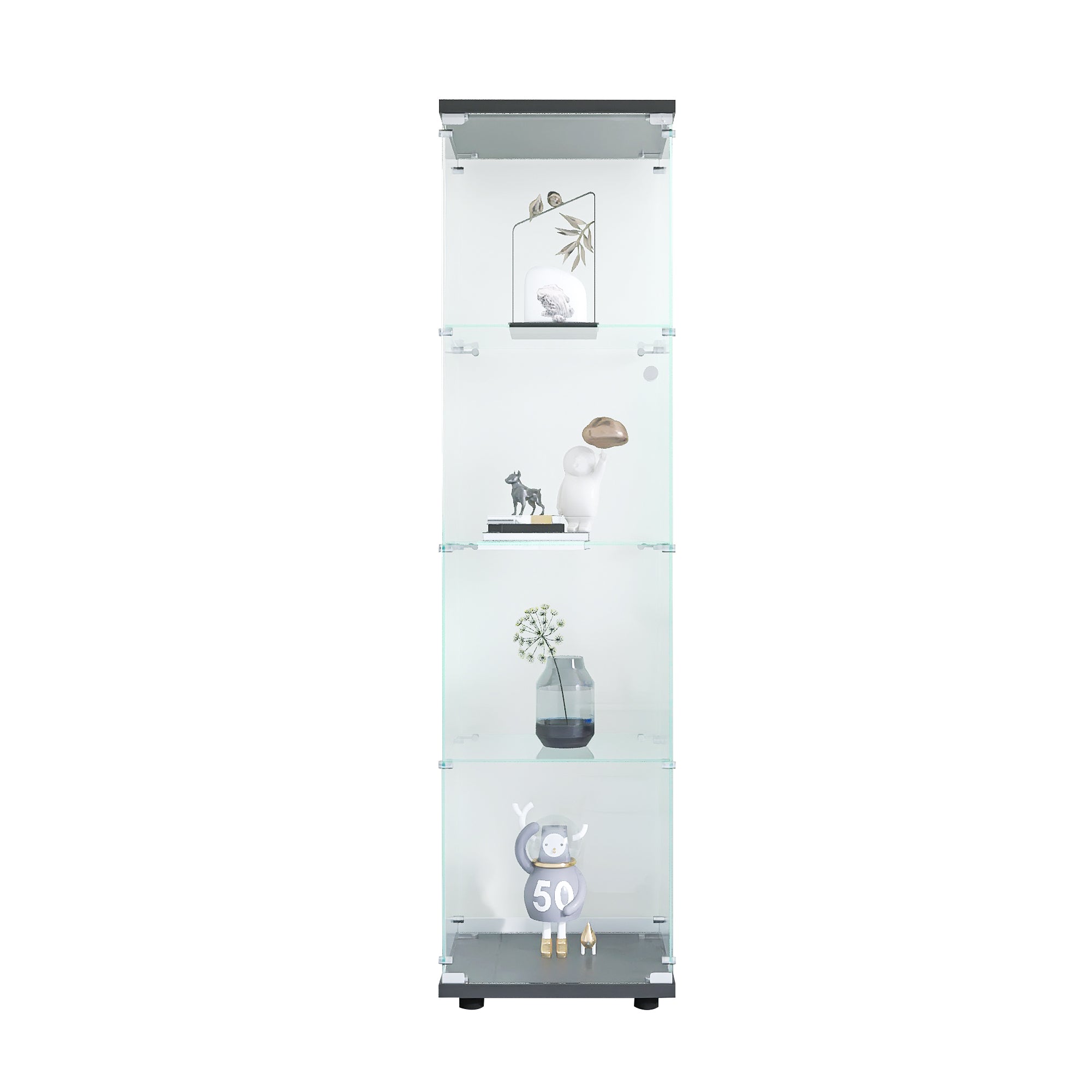 Glass Display Cabinet 4 Shelves with Door, Floor Standing Curio Bookshelf for Living Room Bedroom Office, 64.7"*16.7"*14.3", Black