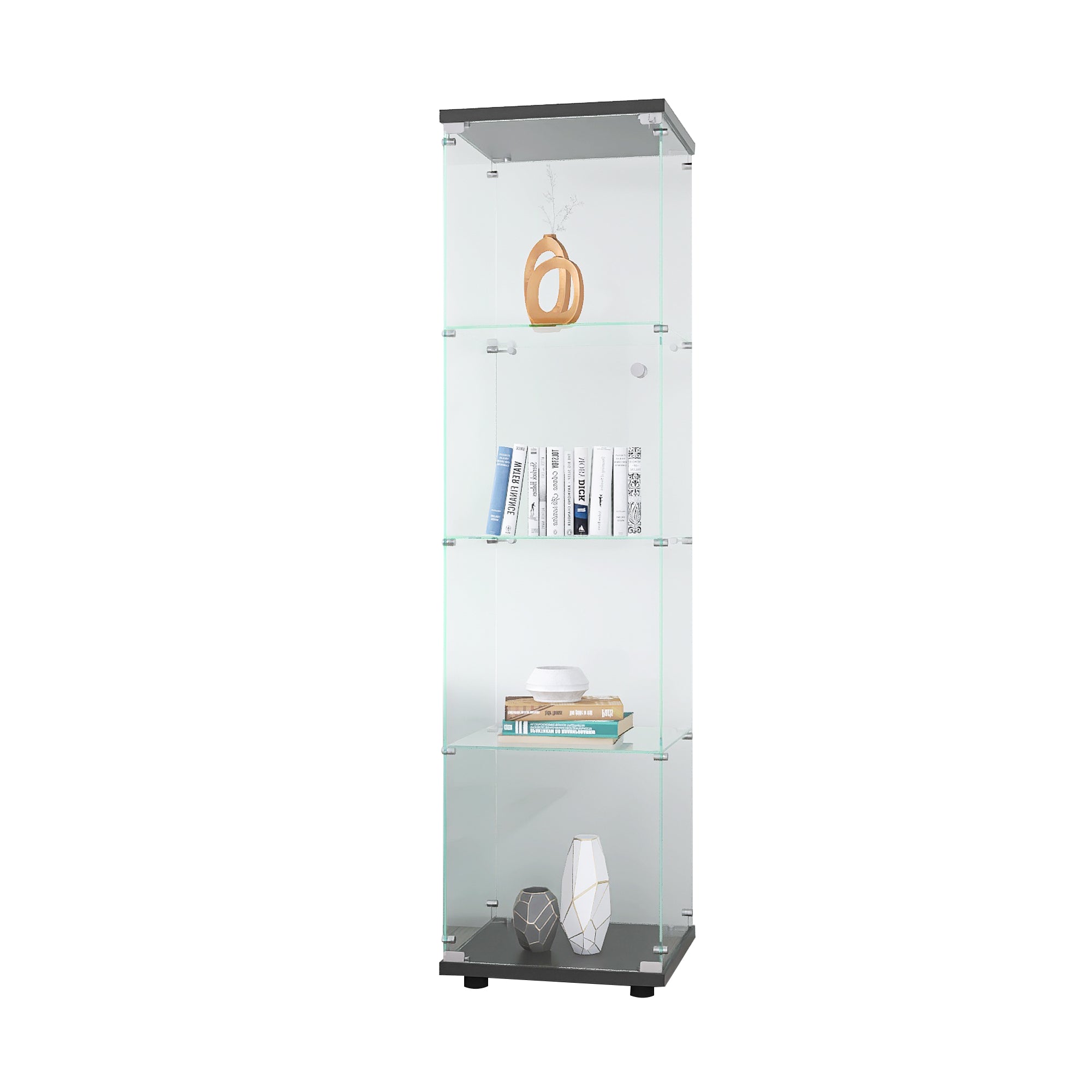 Glass Display Cabinet 4 Shelves with Door, Floor Standing Curio Bookshelf for Living Room Bedroom Office, 64.7"*16.7"*14.3", Black