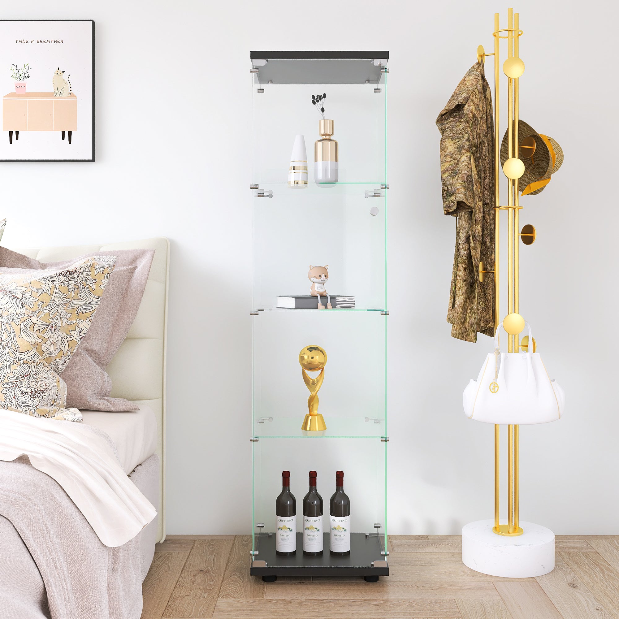 Glass Display Cabinet 4 Shelves with Door, Floor Standing Curio Bookshelf for Living Room Bedroom Office, 64.7"*16.7"*14.3", Black