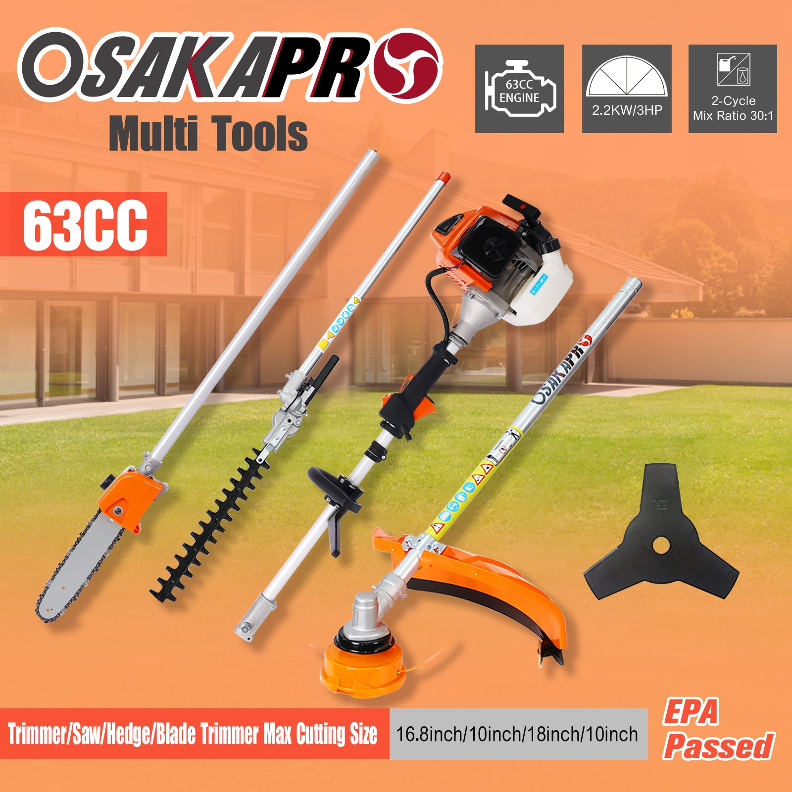 4-in-1 63CC 2-Cycle Gas Garden Tool System with Pole Saw, Hedge Trimmer & Brush Cutter