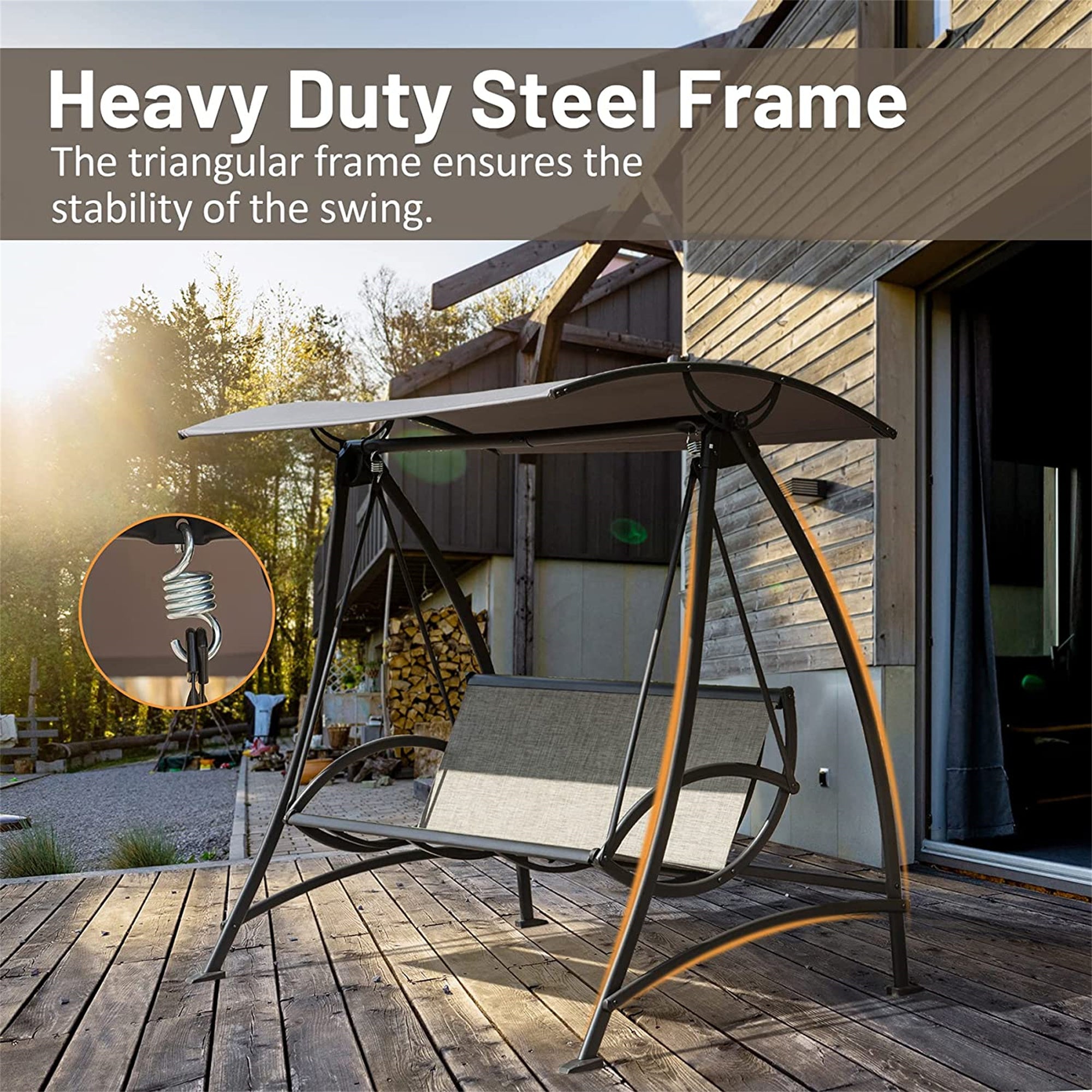 3-Seat Patio Swing with Adjustable Canopy, Textilene Fabric, Steel Frame, 970 lb Capacity