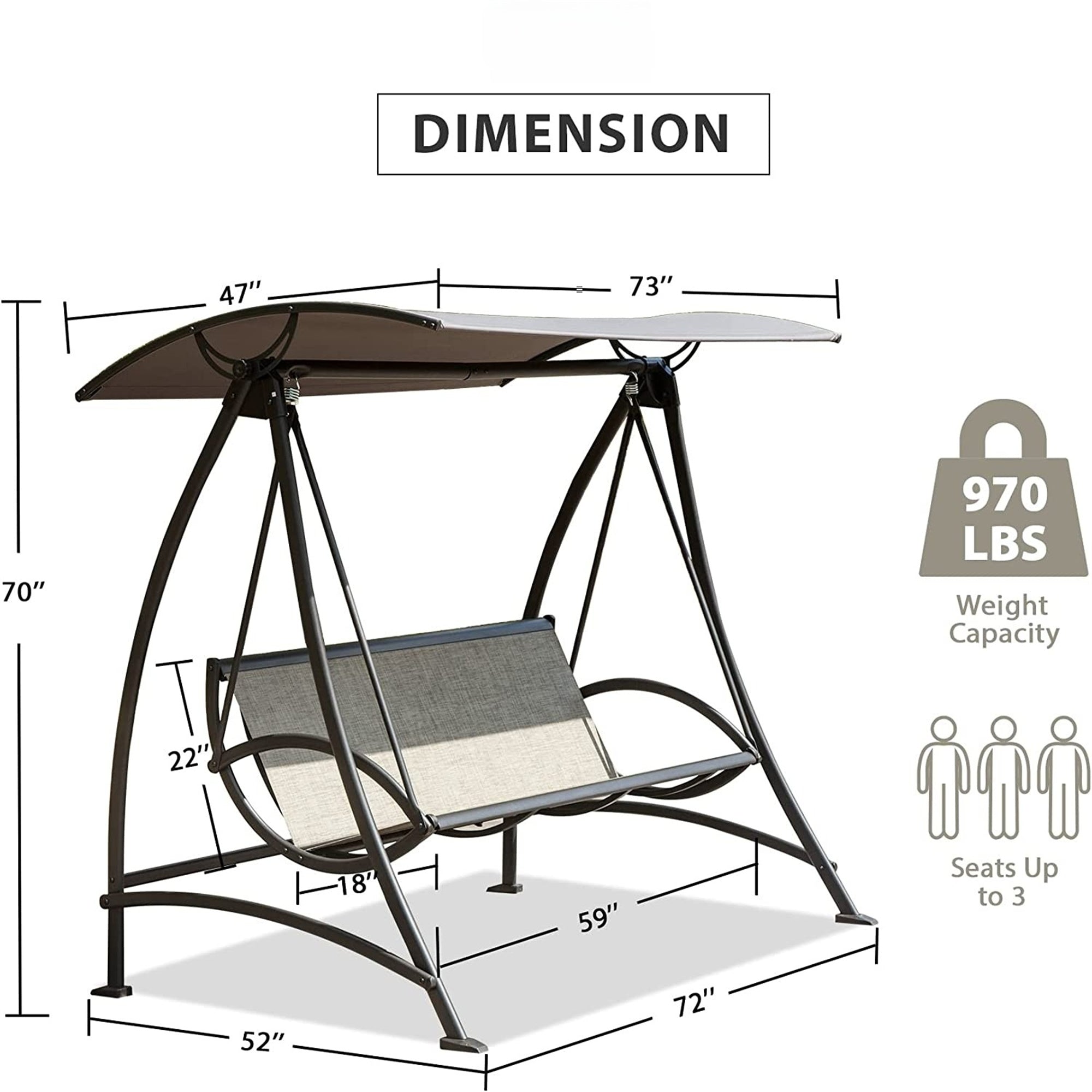 3-Seat Patio Swing with Adjustable Canopy, Textilene Fabric, Steel Frame, 970 lb Capacity