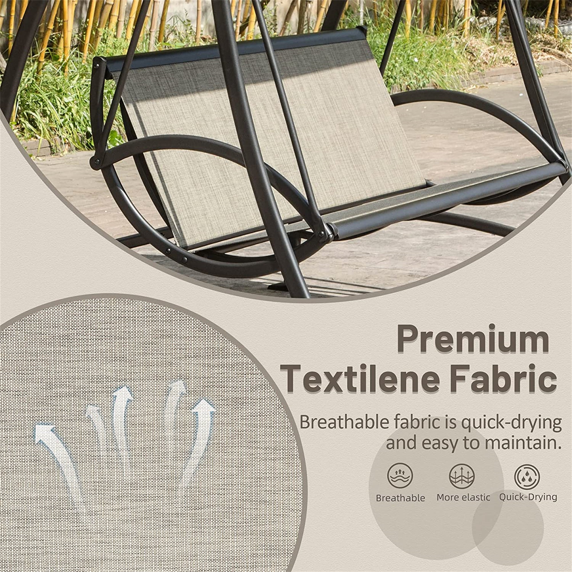 3-Seat Patio Swing with Adjustable Canopy, Textilene Fabric, Steel Frame, 970 lb Capacity