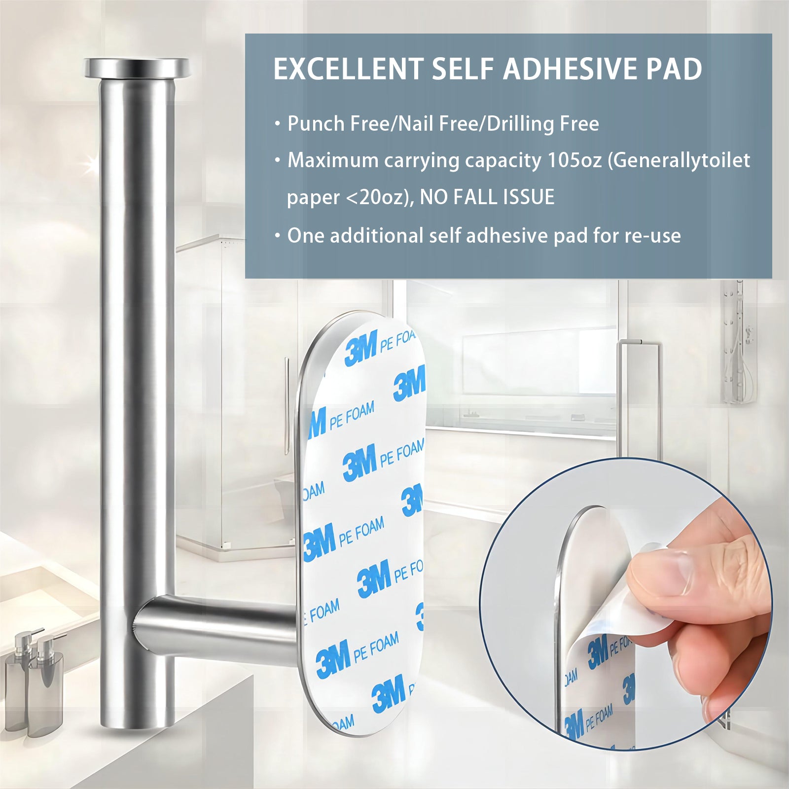 Self-Adhesive Toilet Paper Holder – Stainless Steel, No Drilling, Brushed Nickel, Rustproof