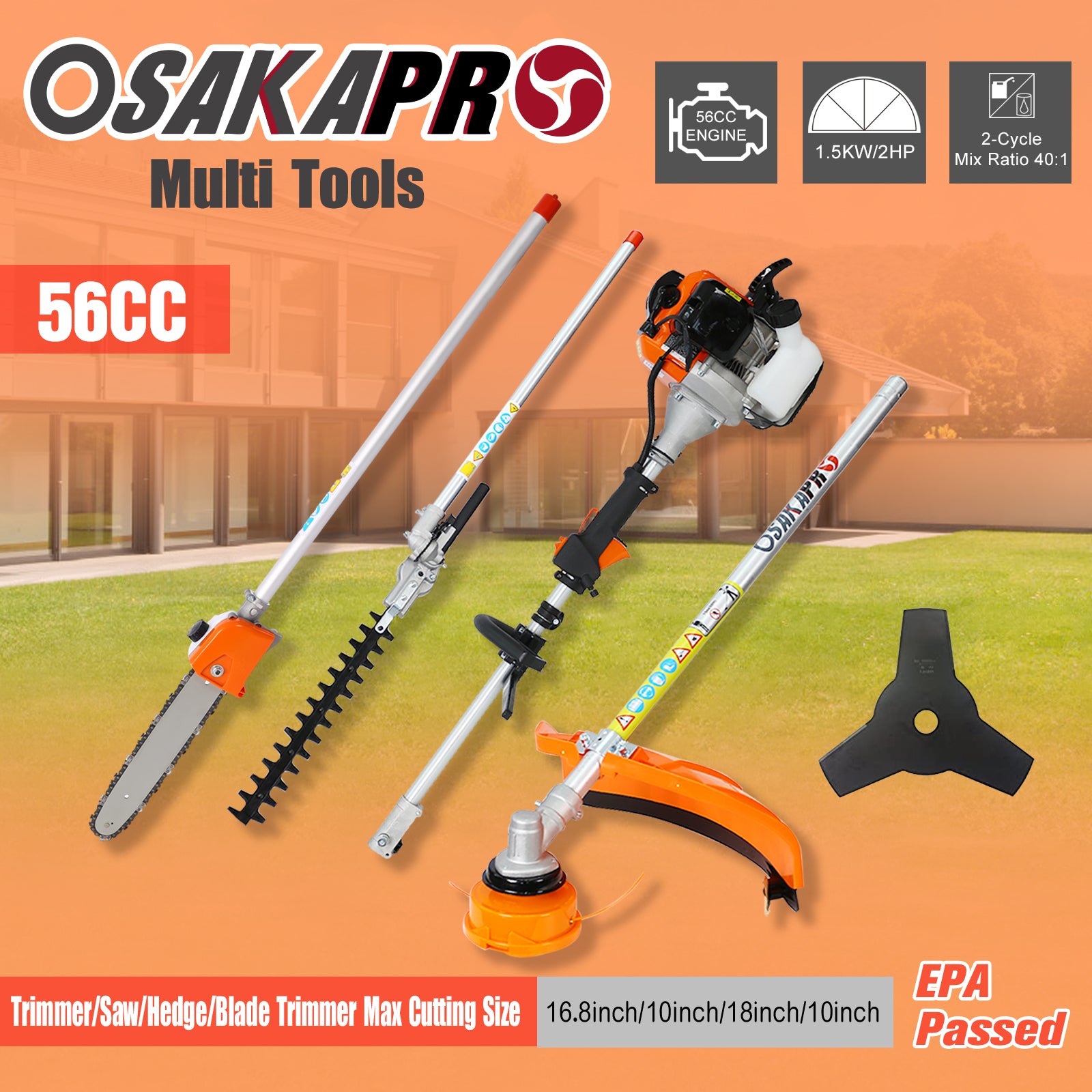 4-in-1 56CC Gas Garden Tool System with Pole Saw, Hedge Trimmer & Brush Cutter