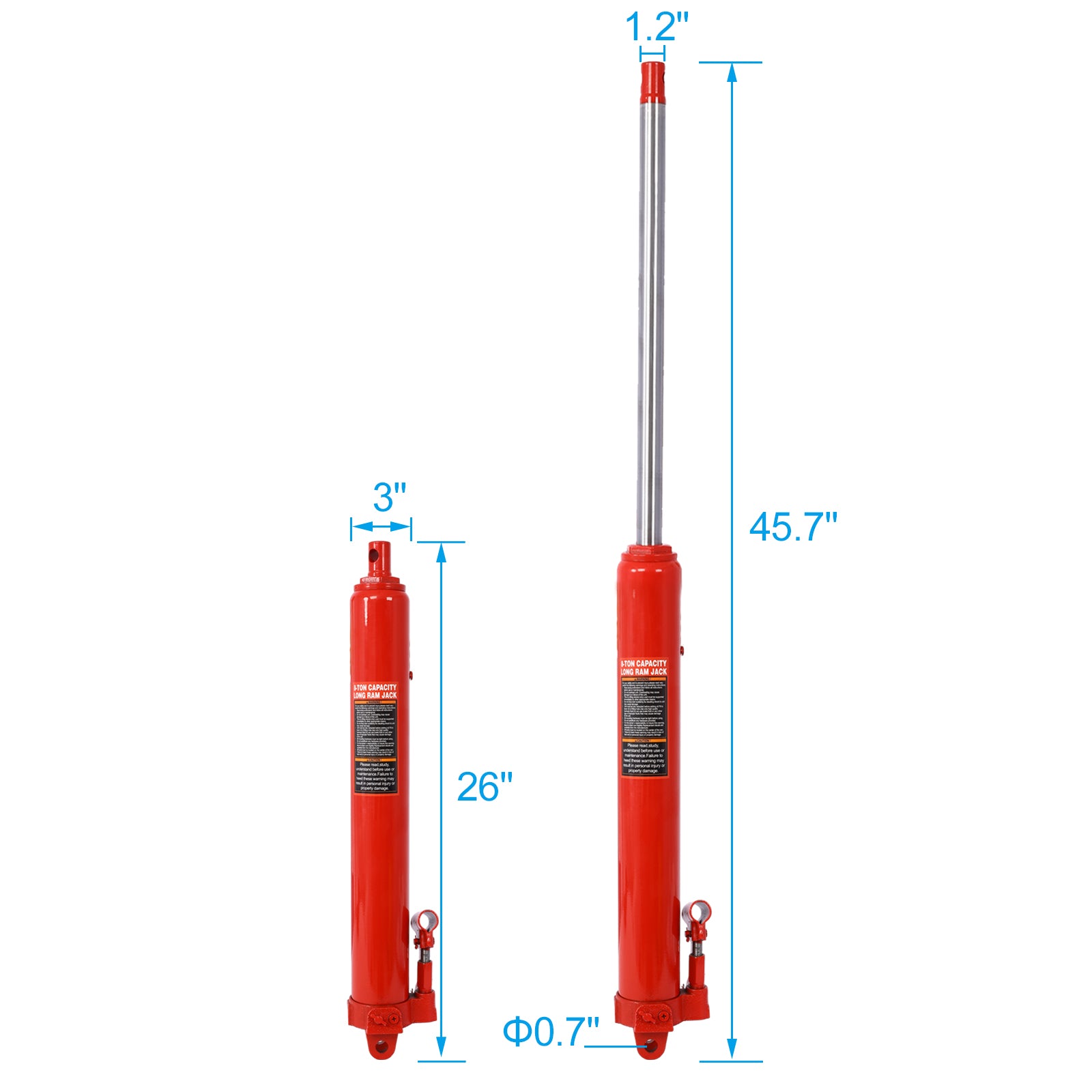 8 Ton Hydraulic Long Ram Jack with Clevis Base, Single or Dual Piston Pump, 16,000 lb Capacity, Fits Engine Hoists & Shop Cranes, Red