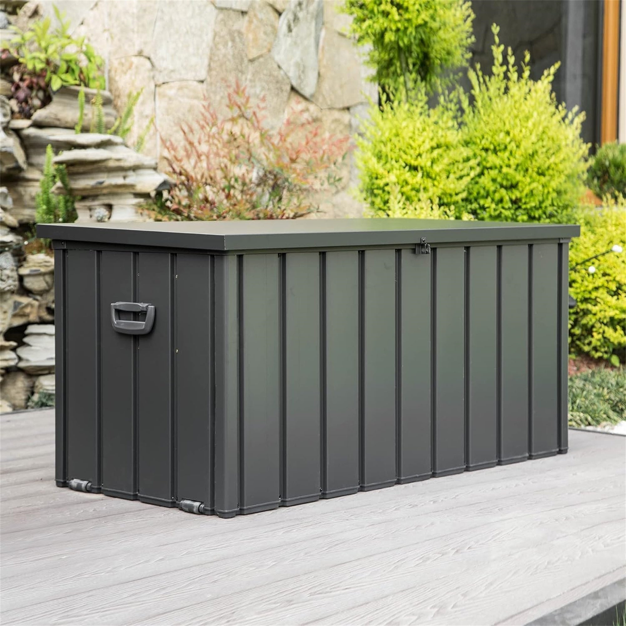 100 Gallon Outdoor Storage Deck Box Waterproof – Lockable Steel Patio Storage Bench for Cushions & Garden Tools, Dark Gray
