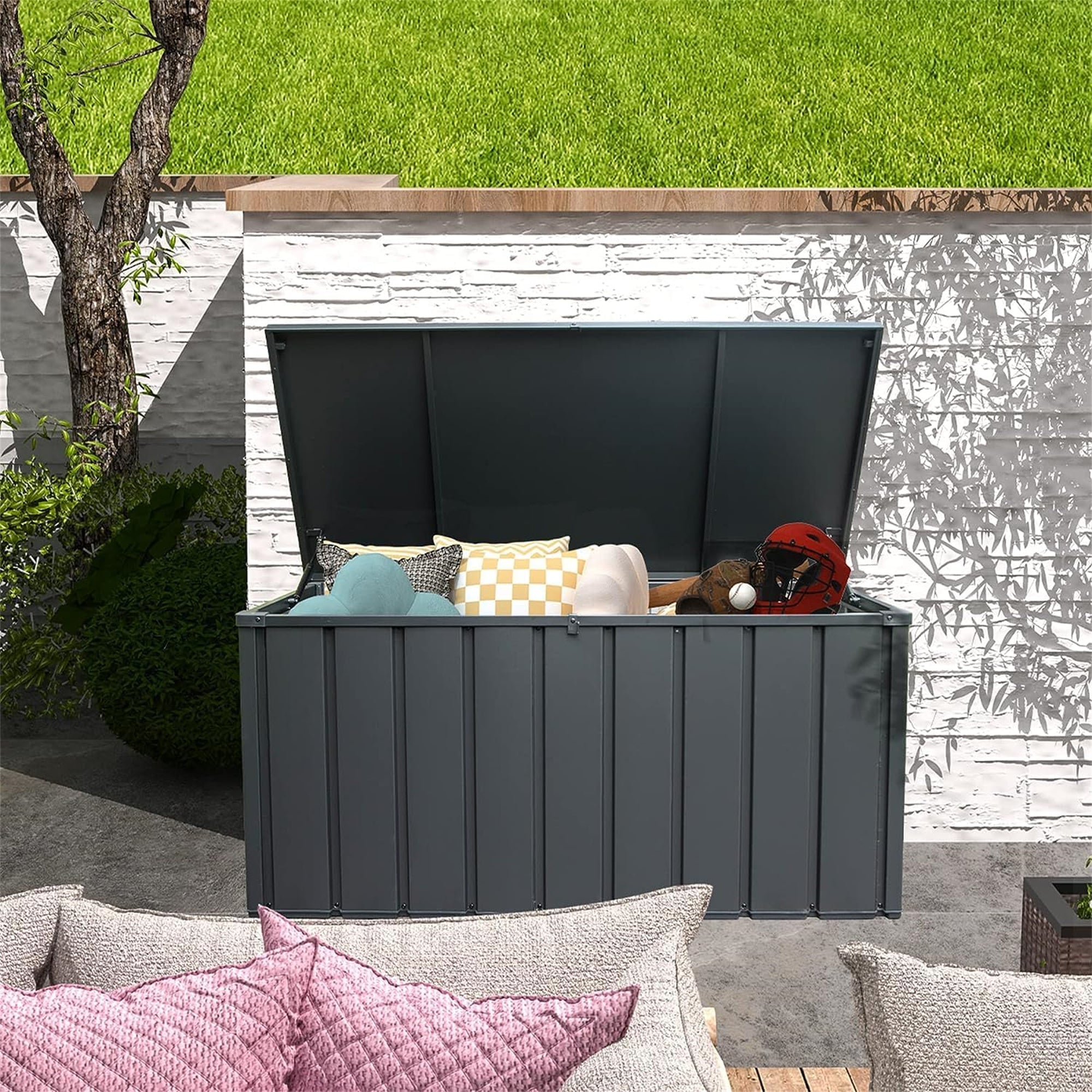 100 Gallon Outdoor Storage Deck Box Waterproof – Lockable Steel Patio Storage Bench for Cushions & Garden Tools, Dark Gray