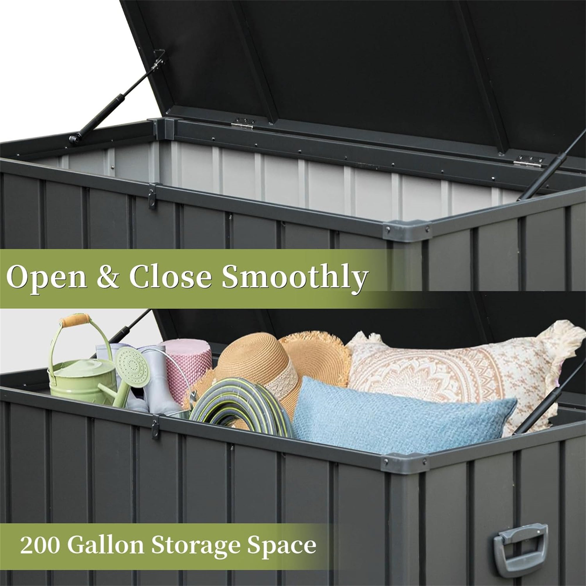 200 Gallon Outdoor Steel Deck Box – Extra-Large Waterproof Patio Storage Bench, Dark Gray
