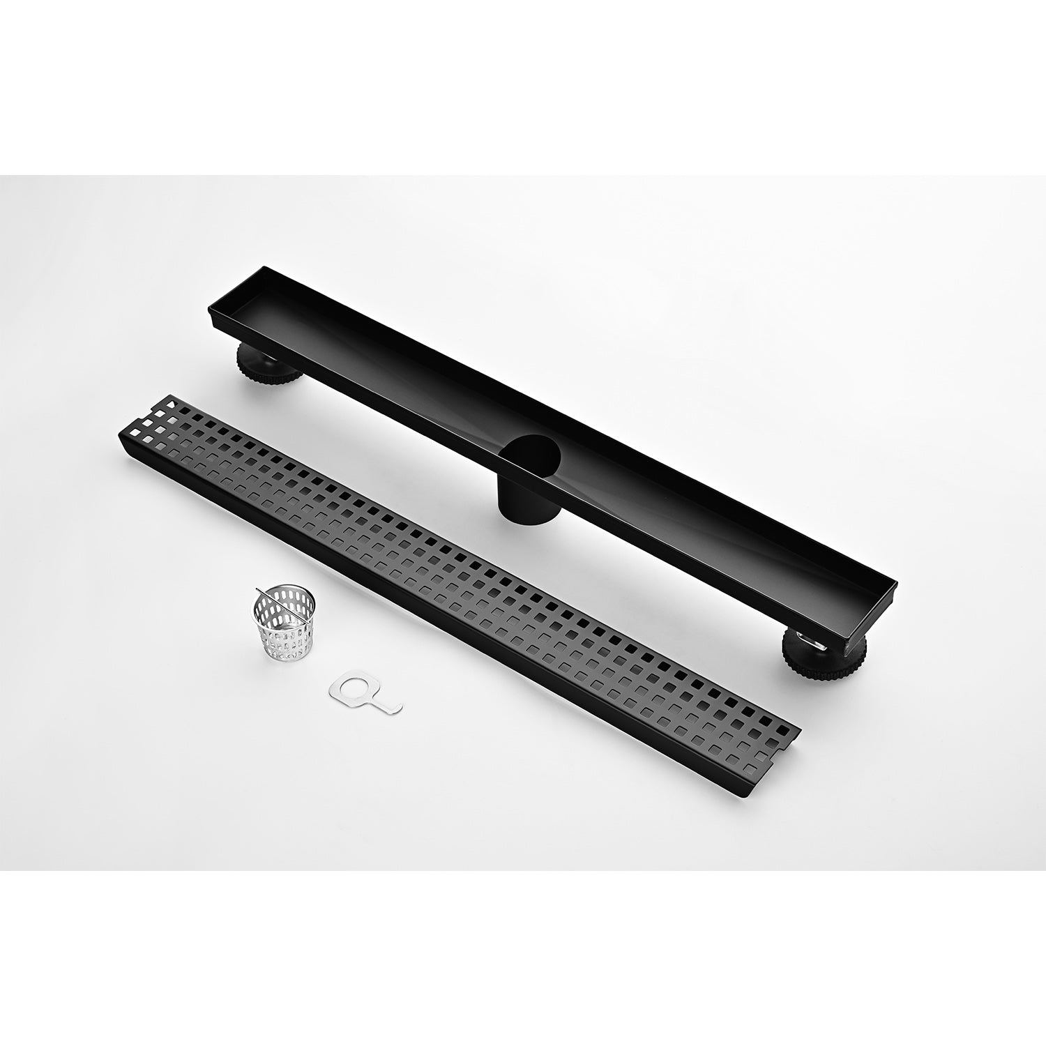 24-Inch Linear Shower Drain – Matte Black Stainless Steel with Hair Strainer & Leveling Feet