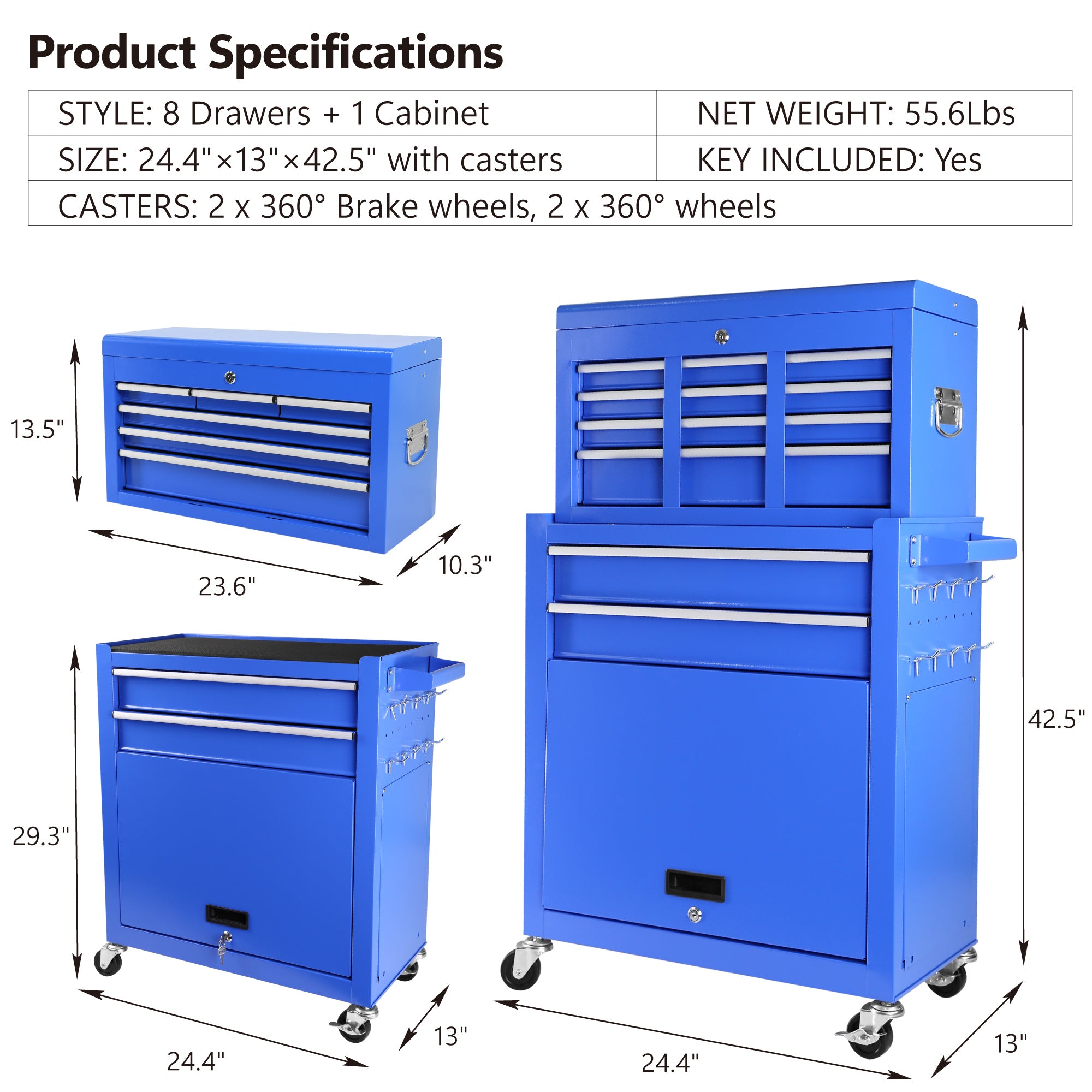 8-Drawer Rolling Tool Chest with Lock – Detachable Mechanic Tool Cart & Storage