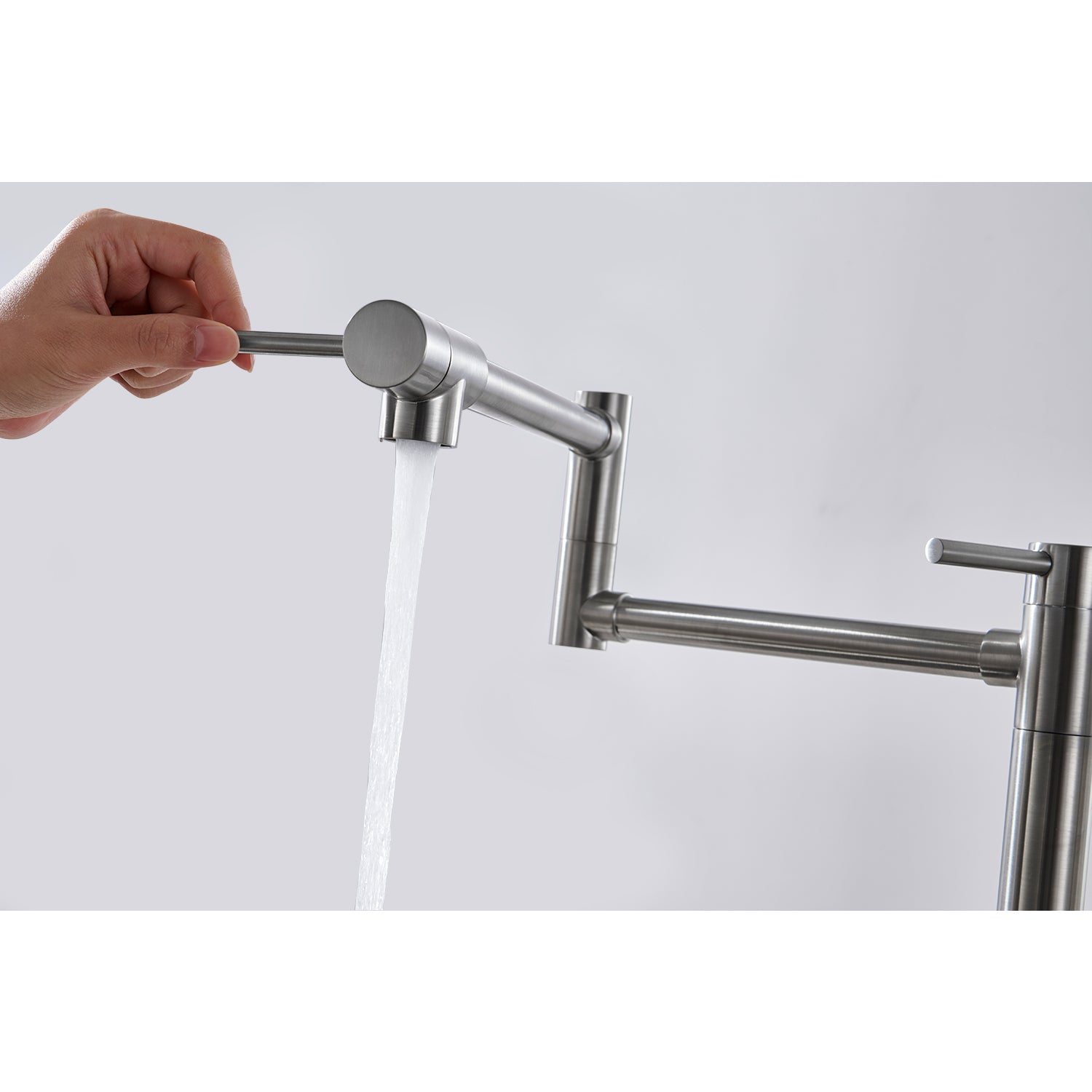 Pot Filler Faucet with Extension Shank โ Brushed Nickel, Folding Swivel Arm, Dual Handle, Solid Brass
