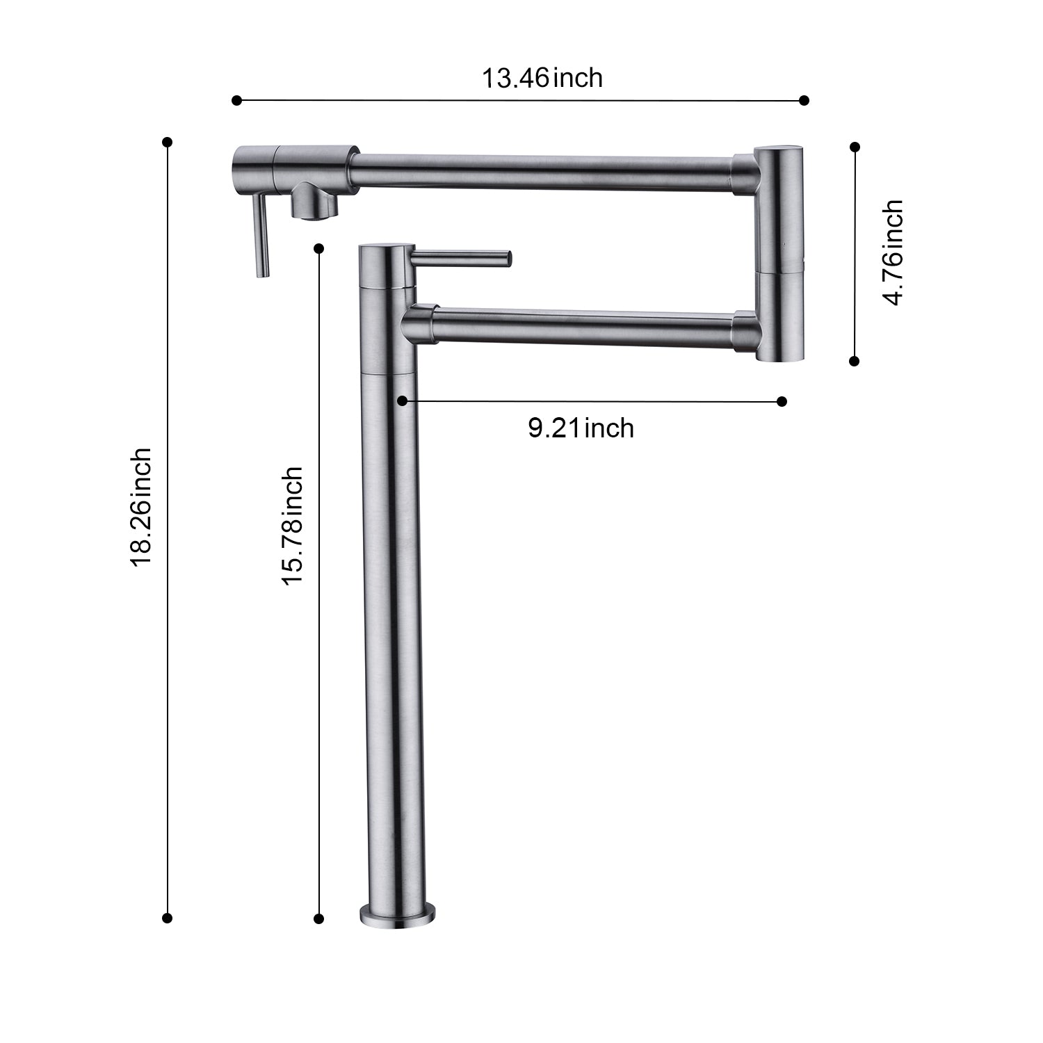 Pot Filler Faucet with Extension Shank – Brushed Nickel, Folding Swivel Arm, Dual Handle, Solid Brass