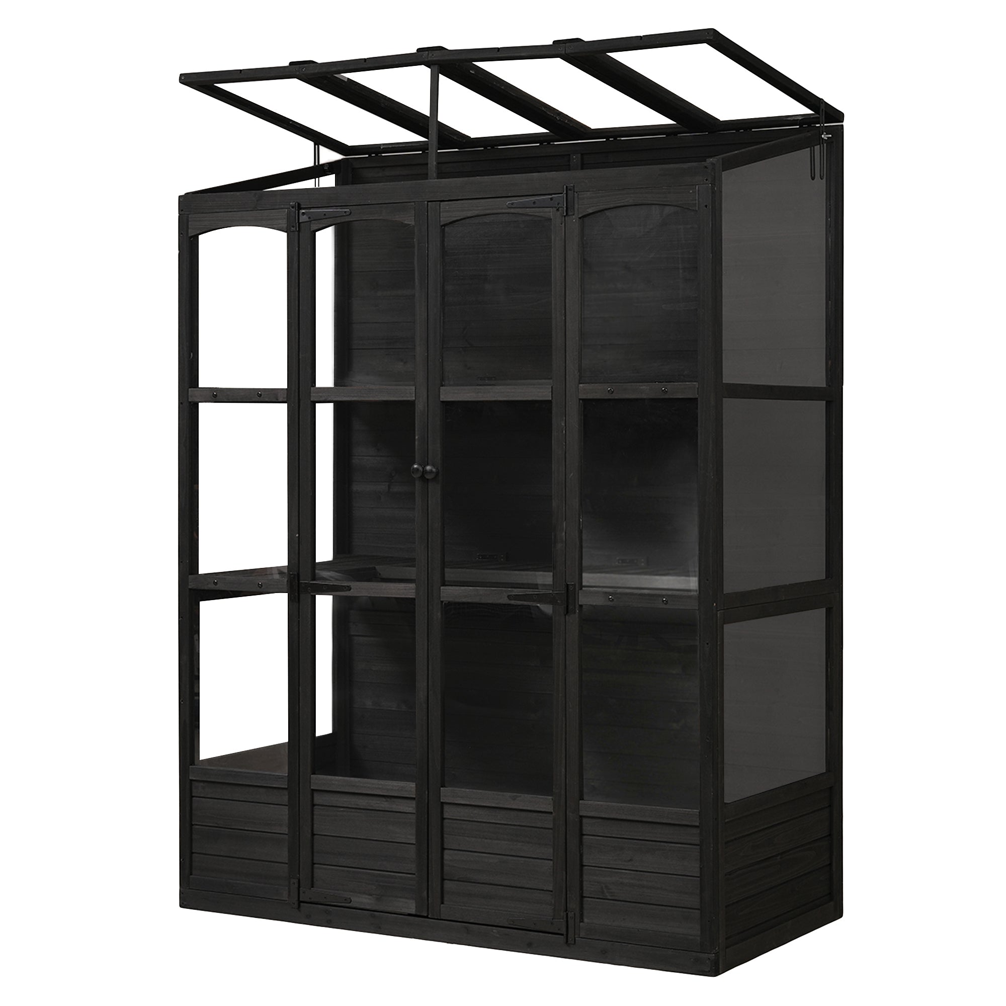 78‑Inch Wooden Walk‑In Greenhouse Cold Frame — 4 Skylights, 2 Folding Shelves & Polycarbonate Panels Black