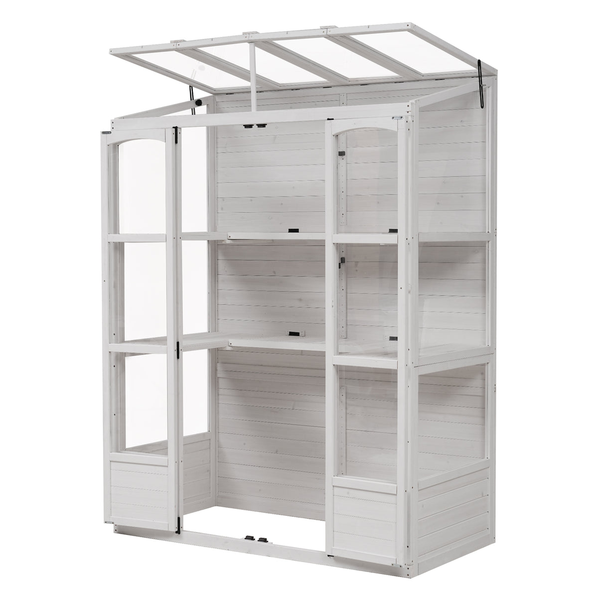 78‑Inch Wooden Walk‑In Greenhouse Cold Frame — 4 Skylights, 2 Folding Shelves & Polycarbonate Panels White