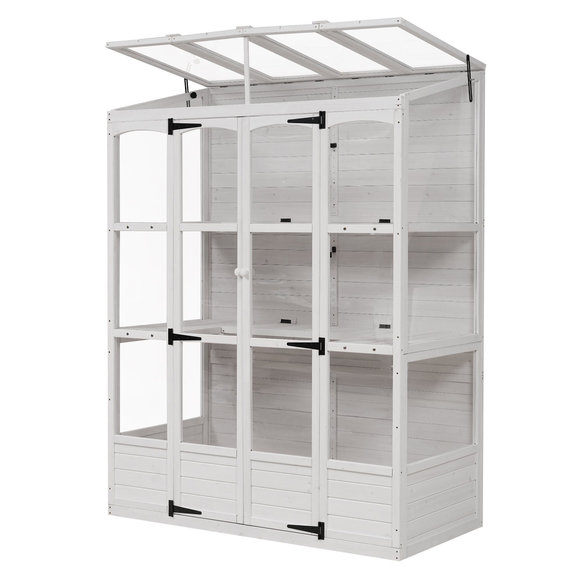 78‑Inch Wooden Walk‑In Greenhouse Cold Frame — 4 Skylights, 2 Folding Shelves & Polycarbonate Panels White