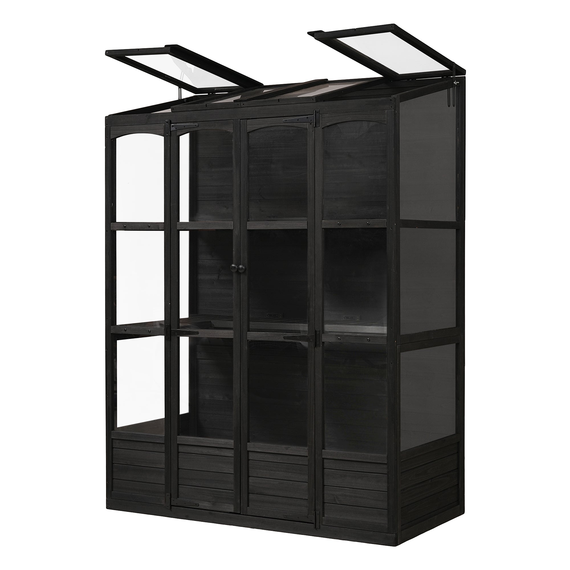 78‑Inch Wooden Walk‑In Greenhouse Cold Frame — 4 Skylights, 2 Folding Shelves & Polycarbonate Panels Black