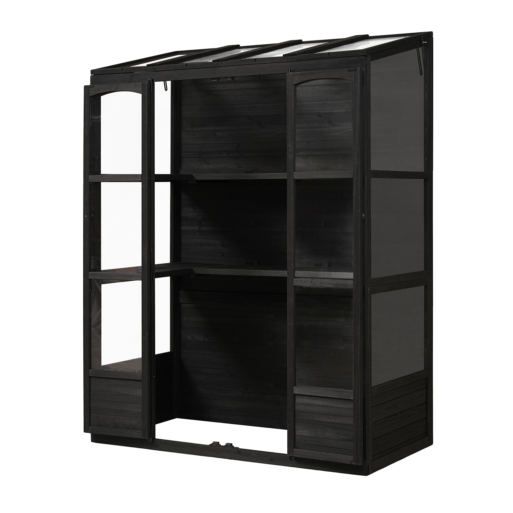 78‑Inch Wooden Walk‑In Greenhouse Cold Frame — 4 Skylights, 2 Folding Shelves & Polycarbonate Panels Black