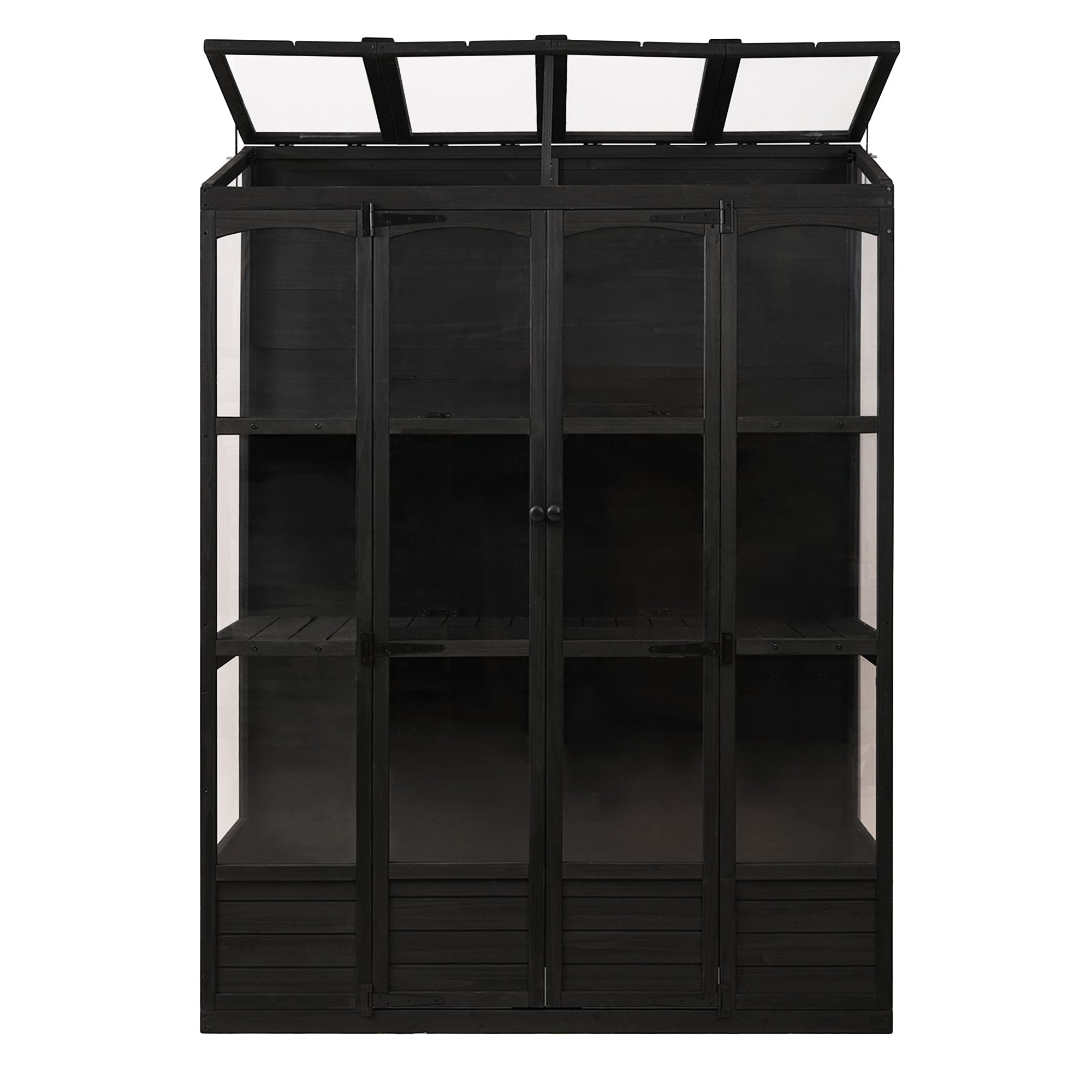 78‑Inch Wooden Walk‑In Greenhouse Cold Frame — 4 Skylights, 2 Folding Shelves & Polycarbonate Panels Black