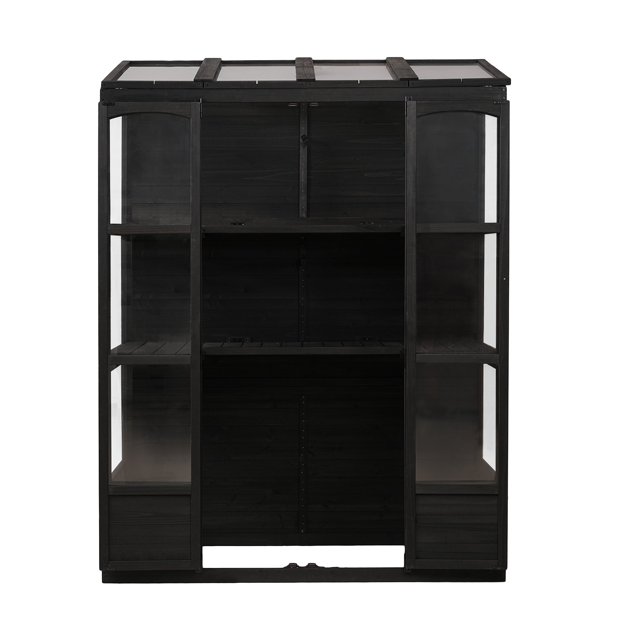 78‑Inch Wooden Walk‑In Greenhouse Cold Frame — 4 Skylights, 2 Folding Shelves & Polycarbonate Panels Black