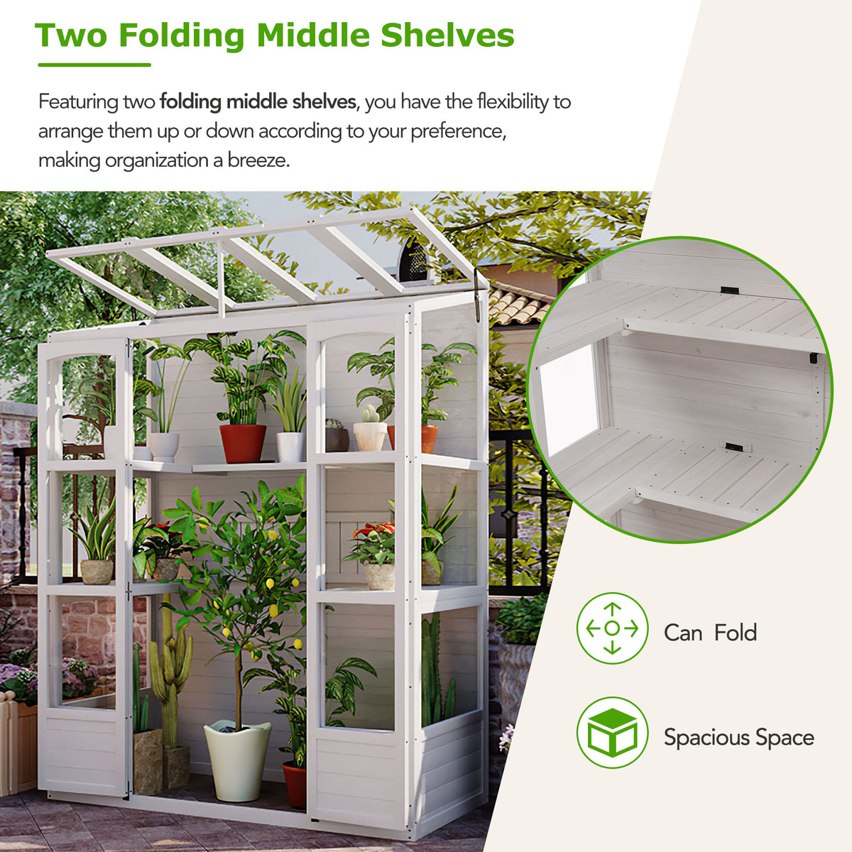 78‑Inch Wooden Walk‑In Greenhouse Cold Frame — 4 Skylights, 2 Folding Shelves & Polycarbonate Panels White