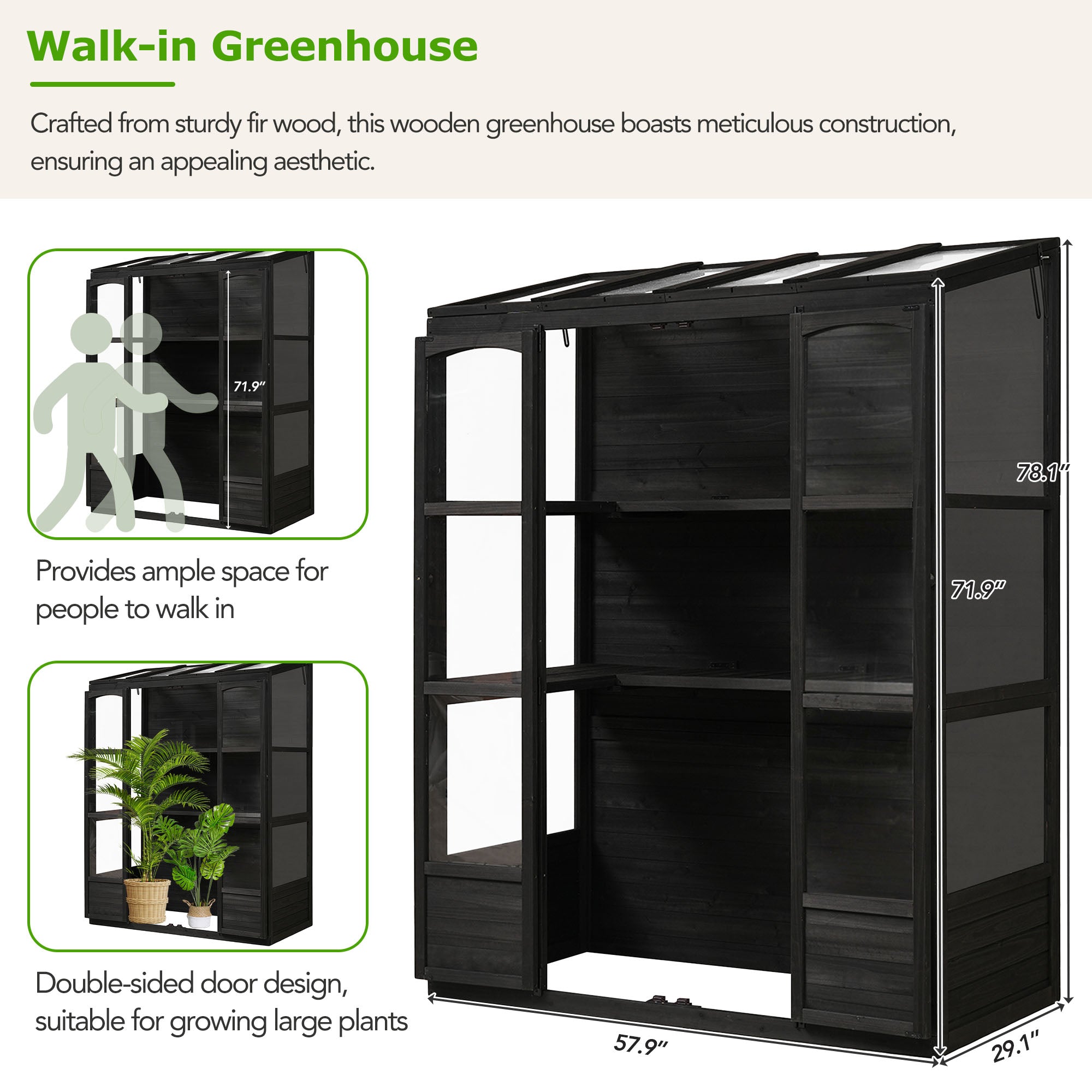 78‑Inch Wooden Walk‑In Greenhouse Cold Frame — 4 Skylights, 2 Folding Shelves & Polycarbonate Panels Black