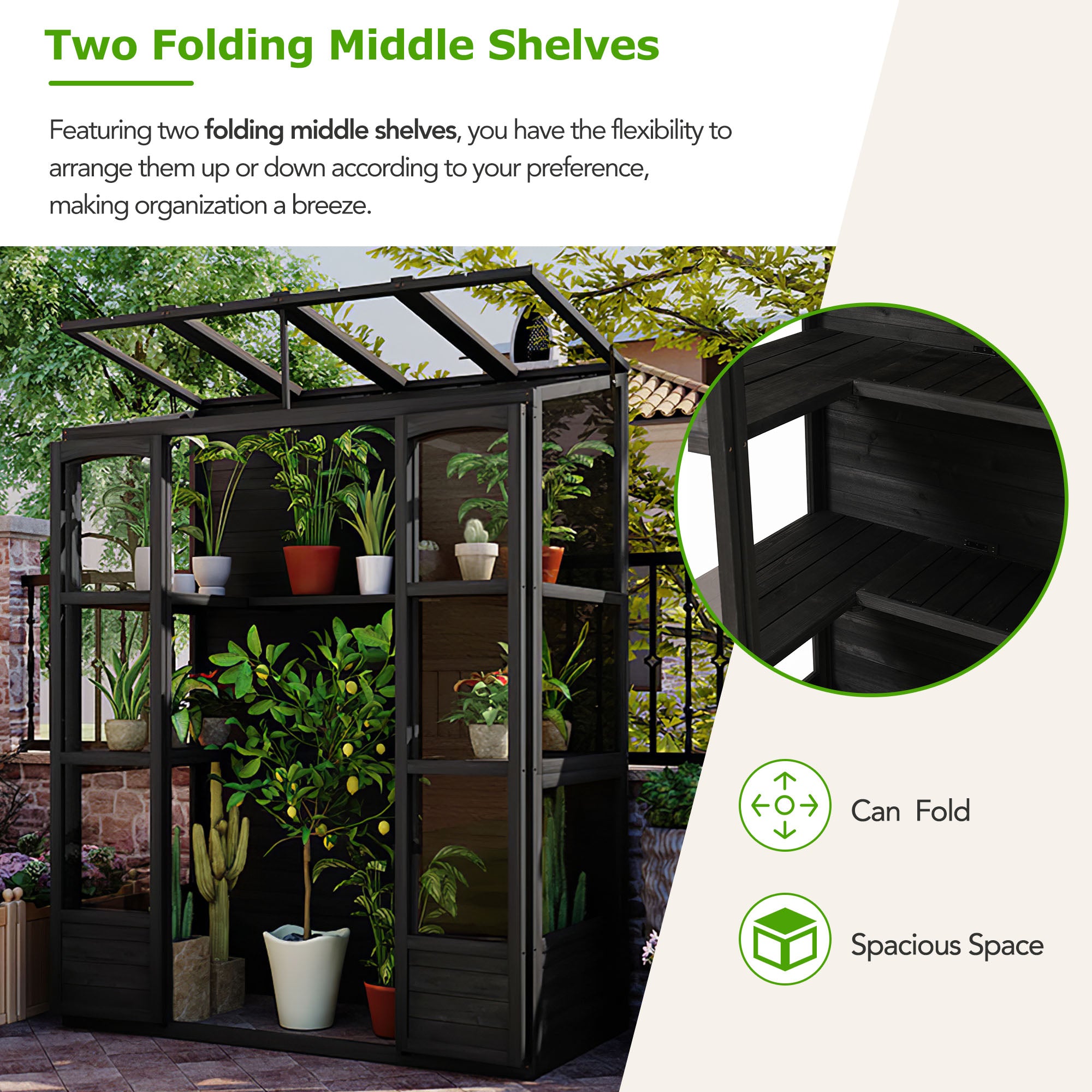 78‑Inch Wooden Walk‑In Greenhouse Cold Frame — 4 Skylights, 2 Folding Shelves & Polycarbonate Panels Black