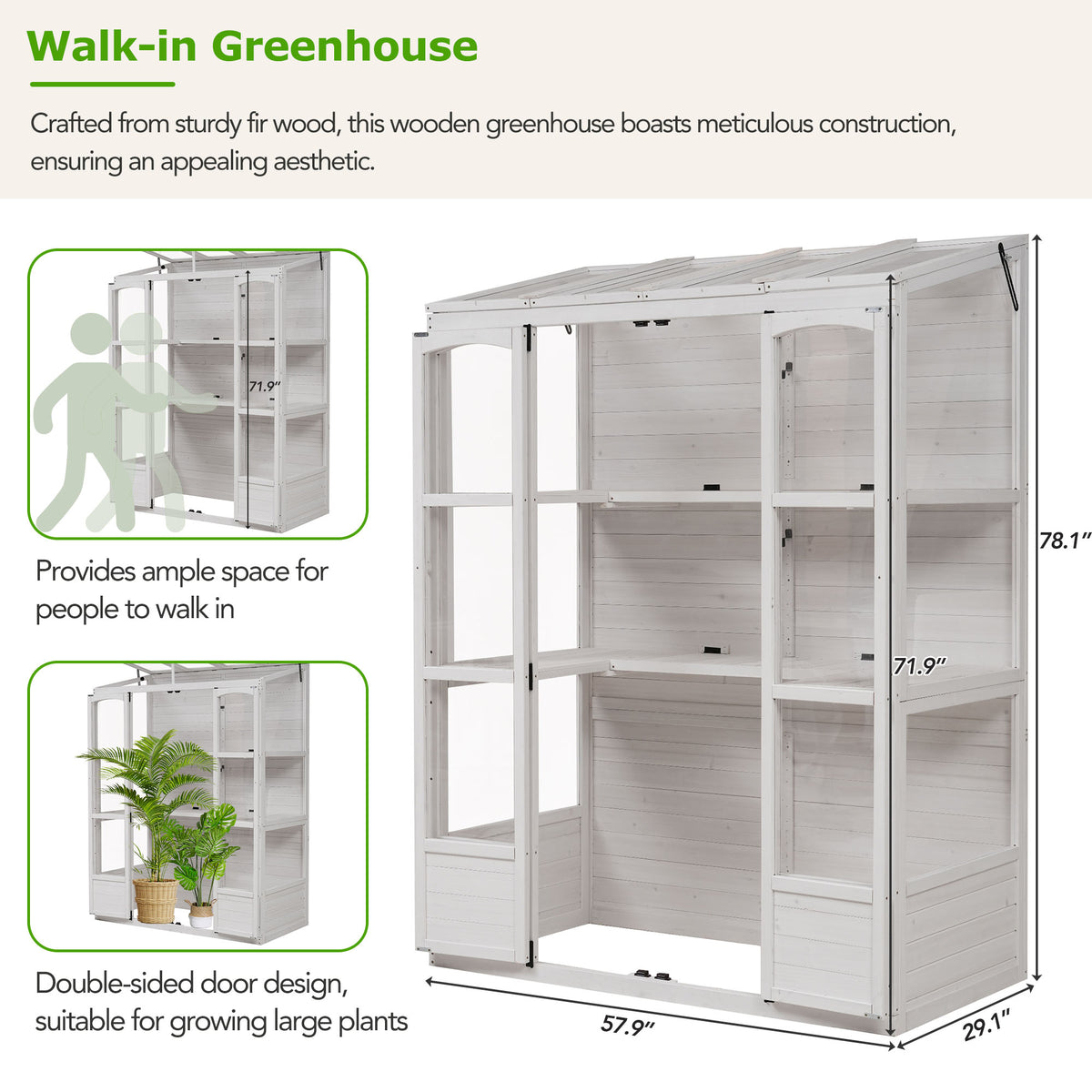 78‑Inch Wooden Walk‑In Greenhouse Cold Frame — 4 Skylights, 2 Folding Shelves & Polycarbonate Panels White