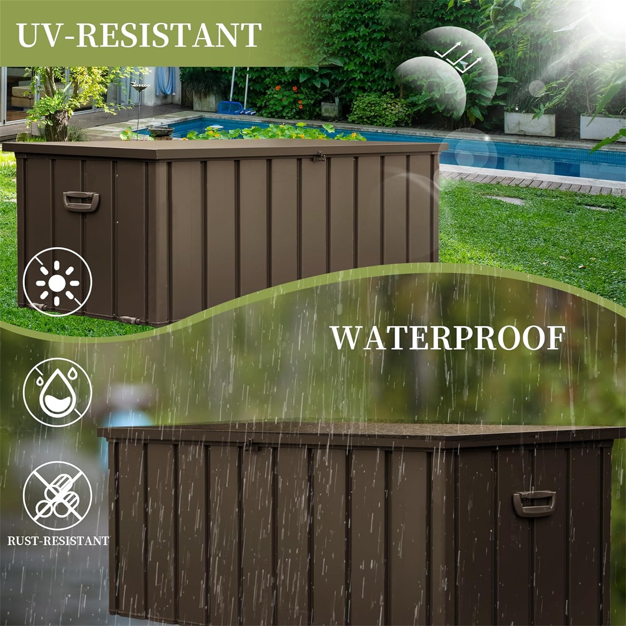 200 Gallon Outdoor Steel Deck Box – Extra-Large Waterproof Patio Storage Bench, Dark Brown