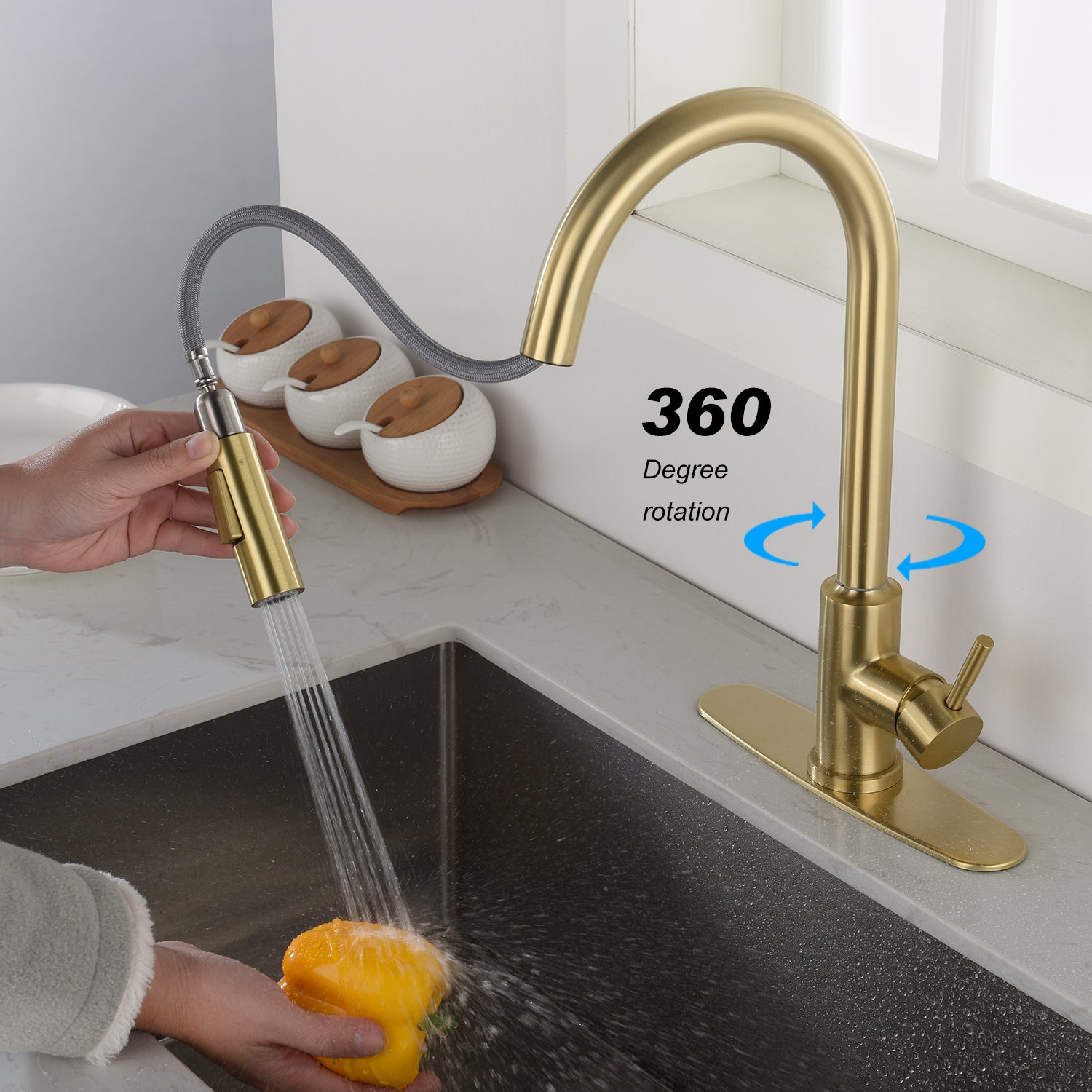 Touch Kitchen Faucet with Pull Down Sprayer – Brushed Gold, 360° Swivel, Single Handle, Stainless Steel