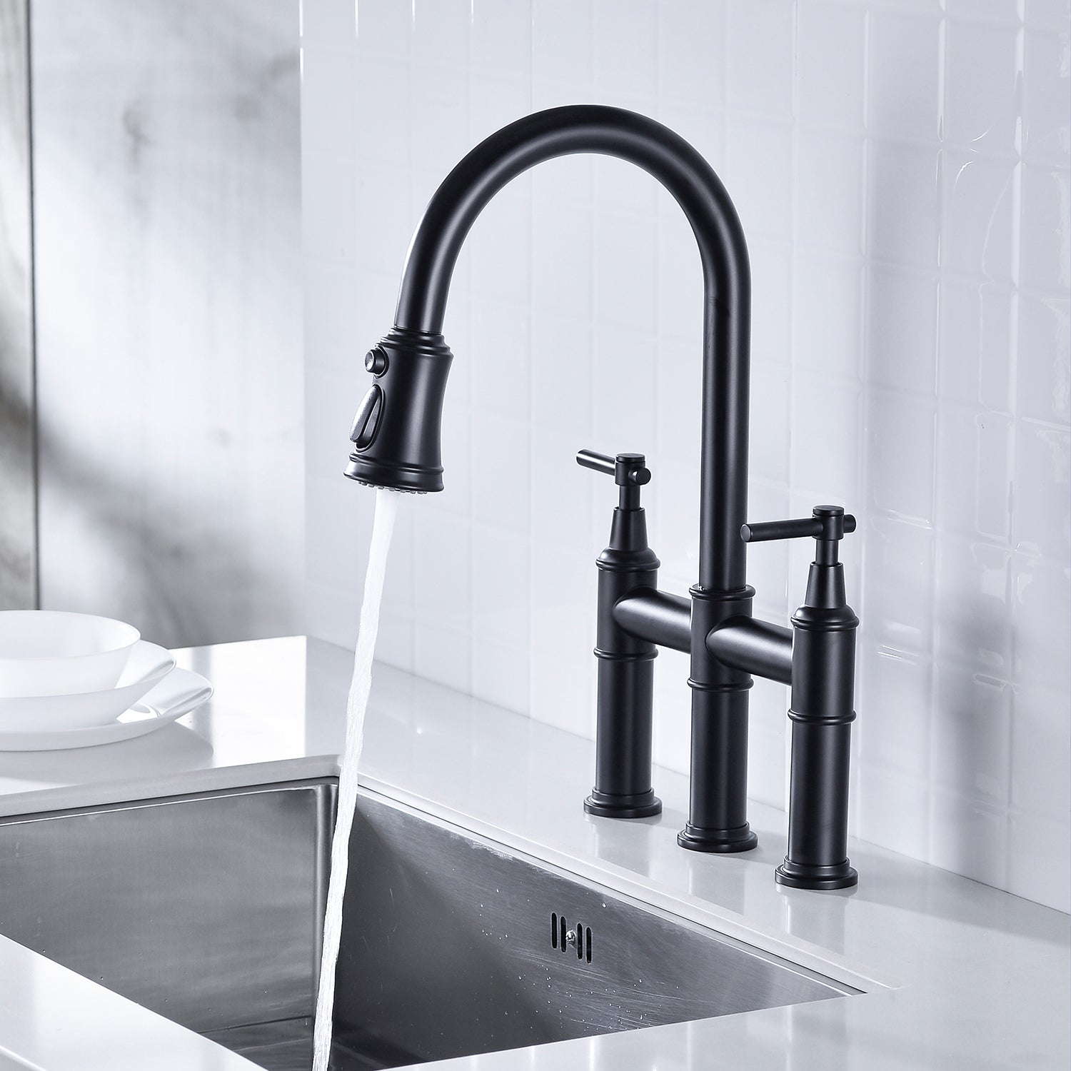Bridge Kitchen Faucet with Pull-Down Sprayhead – Matte Black, Dual Handle, 360° Swivel, Solid Brass