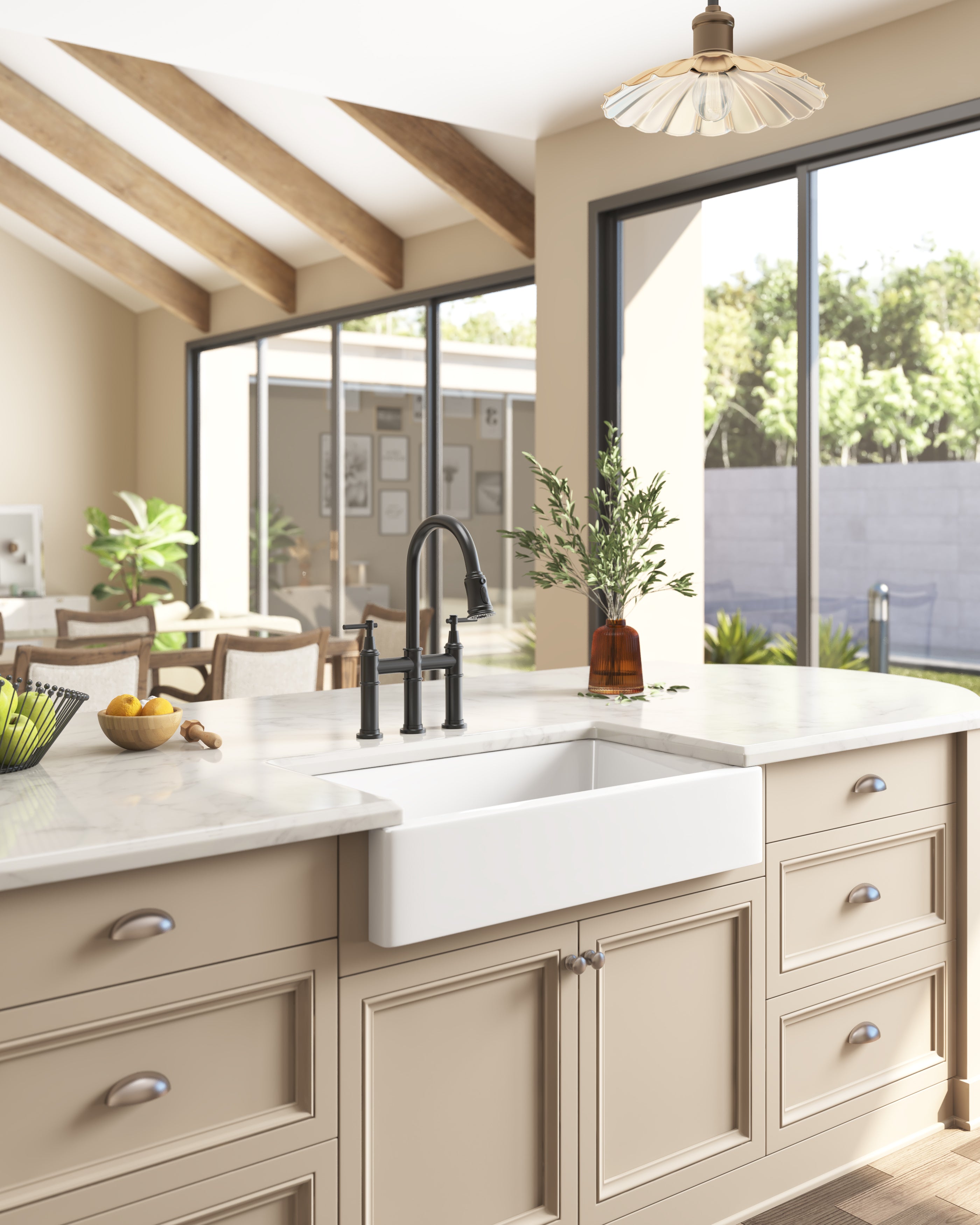 Bridge Kitchen Faucet with Pull-Down Sprayhead – Matte Black, Dual Handle, 360° Swivel, Solid Brass