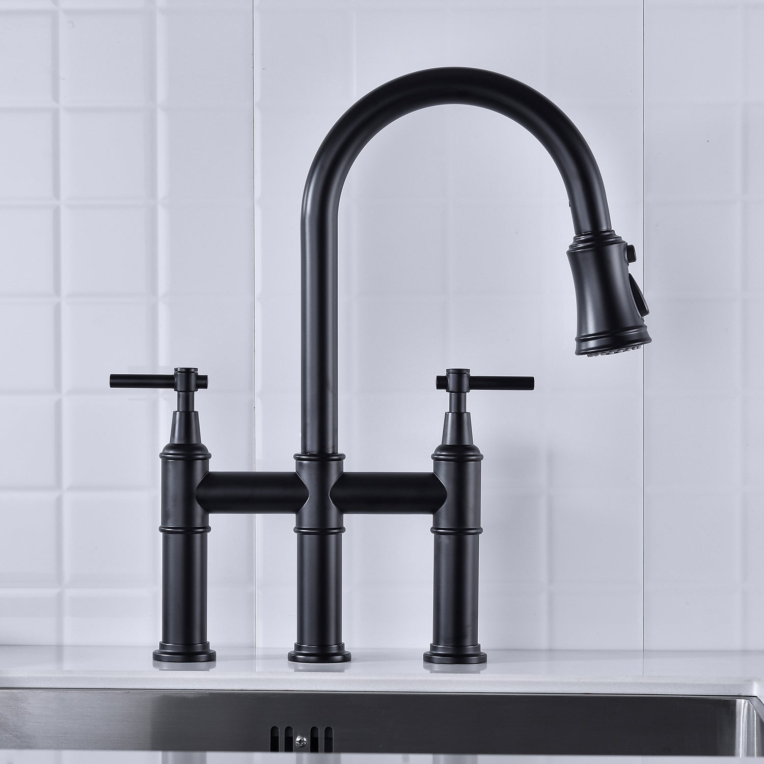 Bridge Kitchen Faucet with Pull-Down Sprayhead – Matte Black, Dual Handle, 360° Swivel, Solid Brass