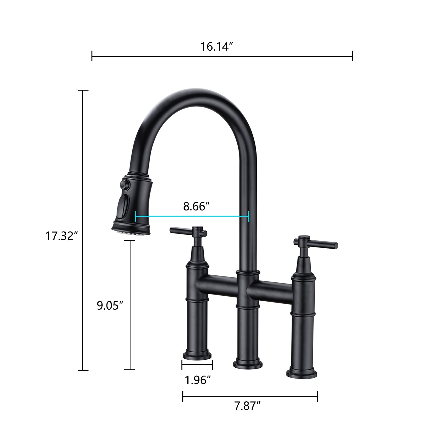 Bridge Kitchen Faucet with Pull-Down Sprayhead – Matte Black, Dual Handle, 360° Swivel, Solid Brass