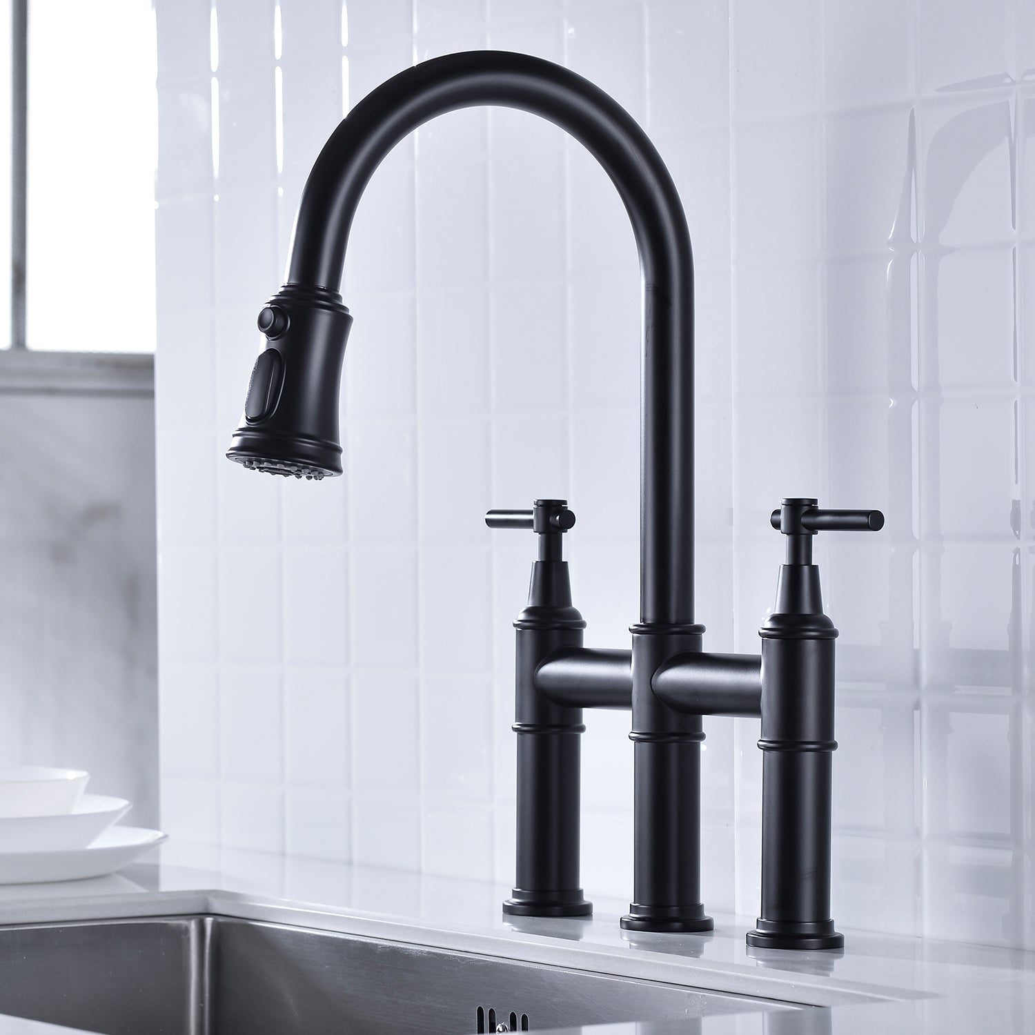 Bridge Kitchen Faucet with Pull-Down Sprayhead – Matte Black, Dual Handle, 360° Swivel, Solid Brass